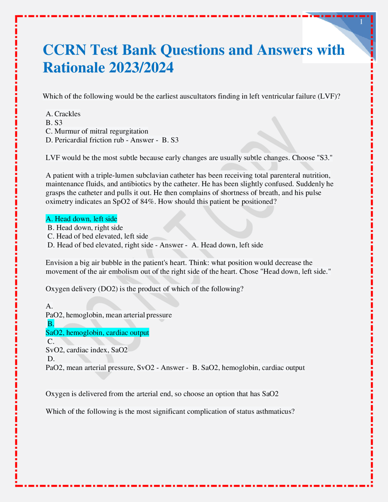 CCRN Test Bank Questions and Answers with Rationale 2023/2024 | Exams ...