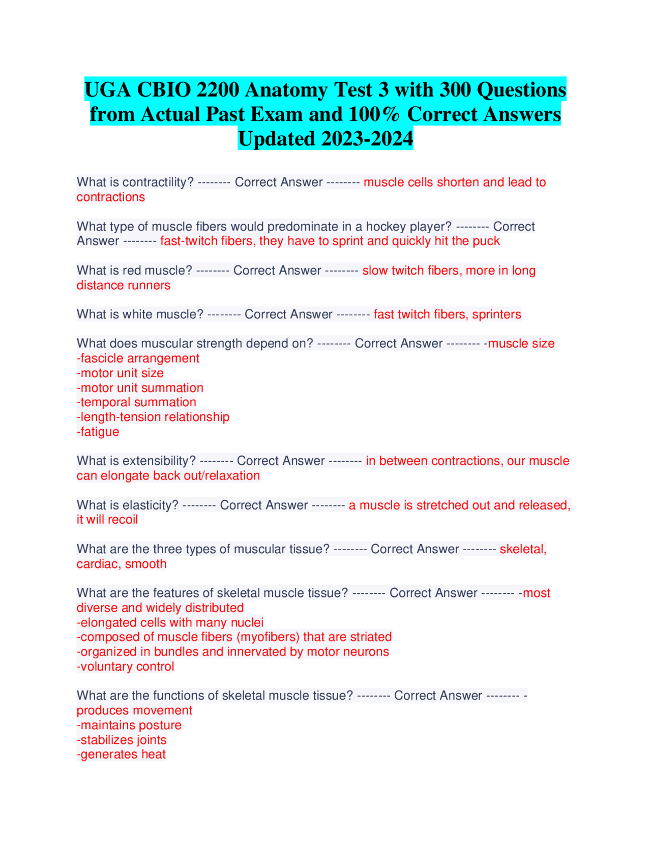 UGA CBIO 2200 Anatomy Test 3 with 300 Questions from Actual Past Exam