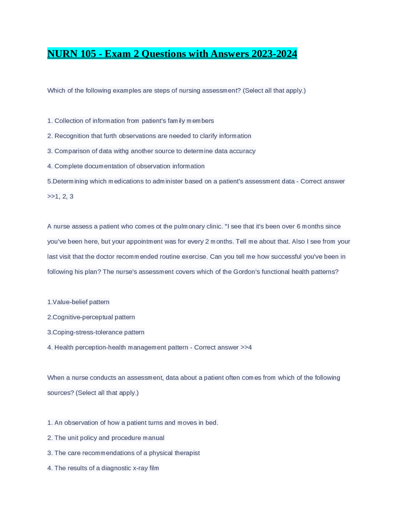 NURN 105 - Exam 2 Questions with Answers 2023-2024 | Exams Nursing ...