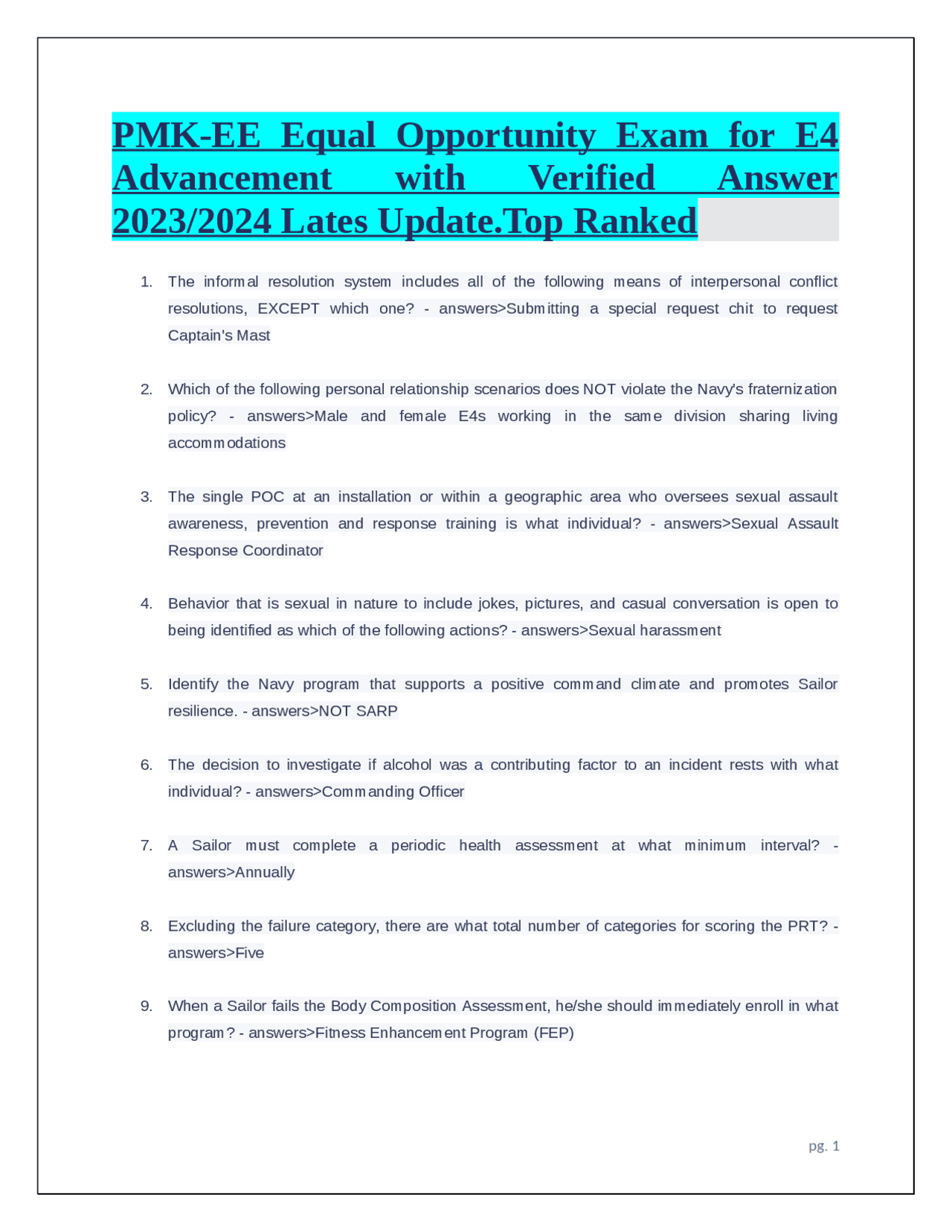 PMKEE Equal Opportunity Exam for E4 Advancement with Verified Answer