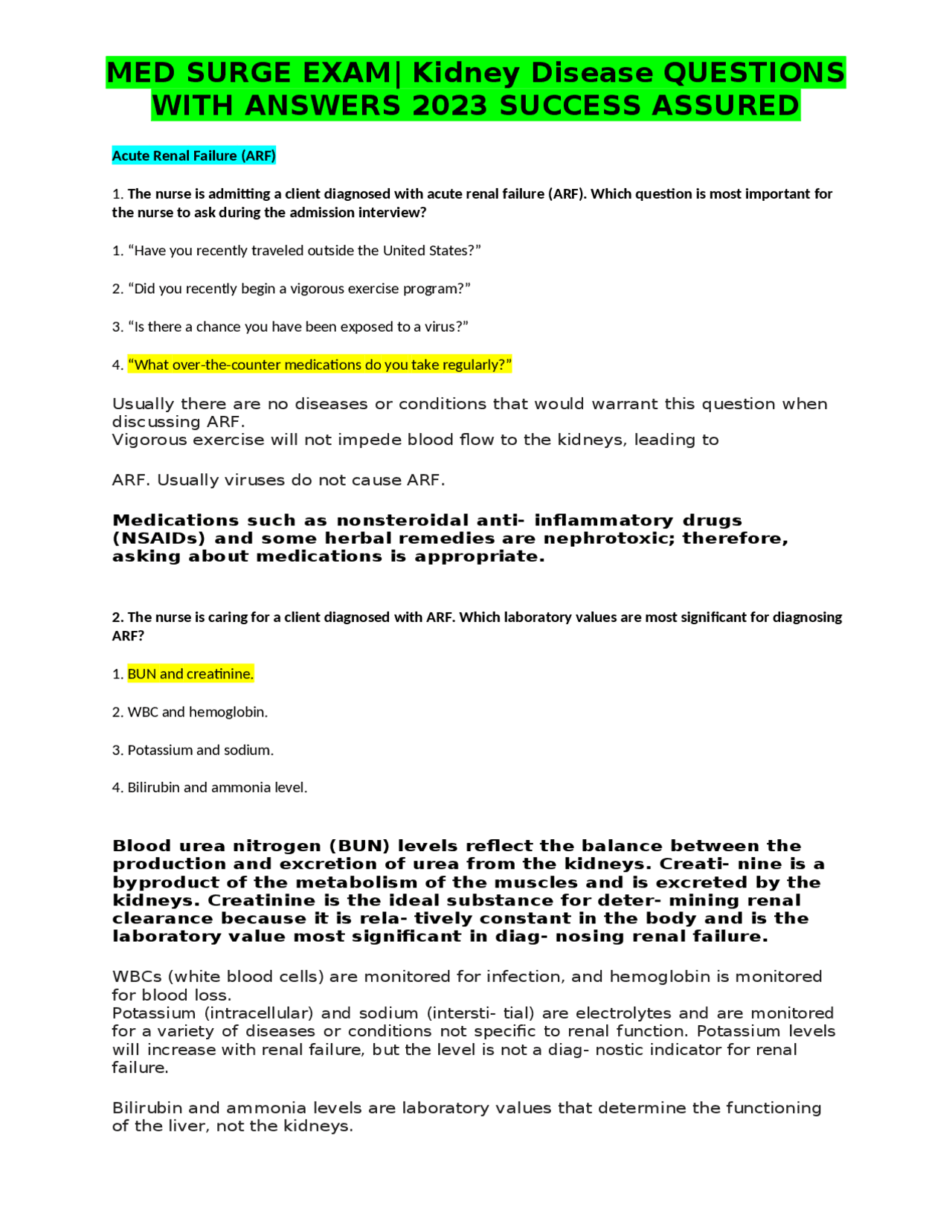 MED SURGE EXAM Kidney Disease QUESTIONS WITH ANSWERS 2023 SUCCESS