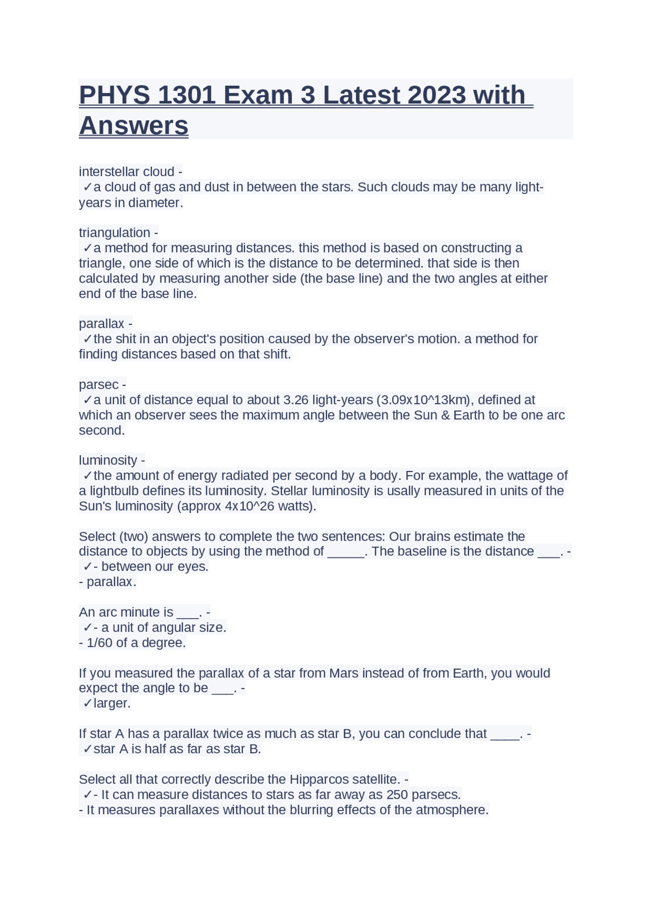 PHYS 1301 Exam 3 Latest 2023 with Answers | Exams Physics | Docsity