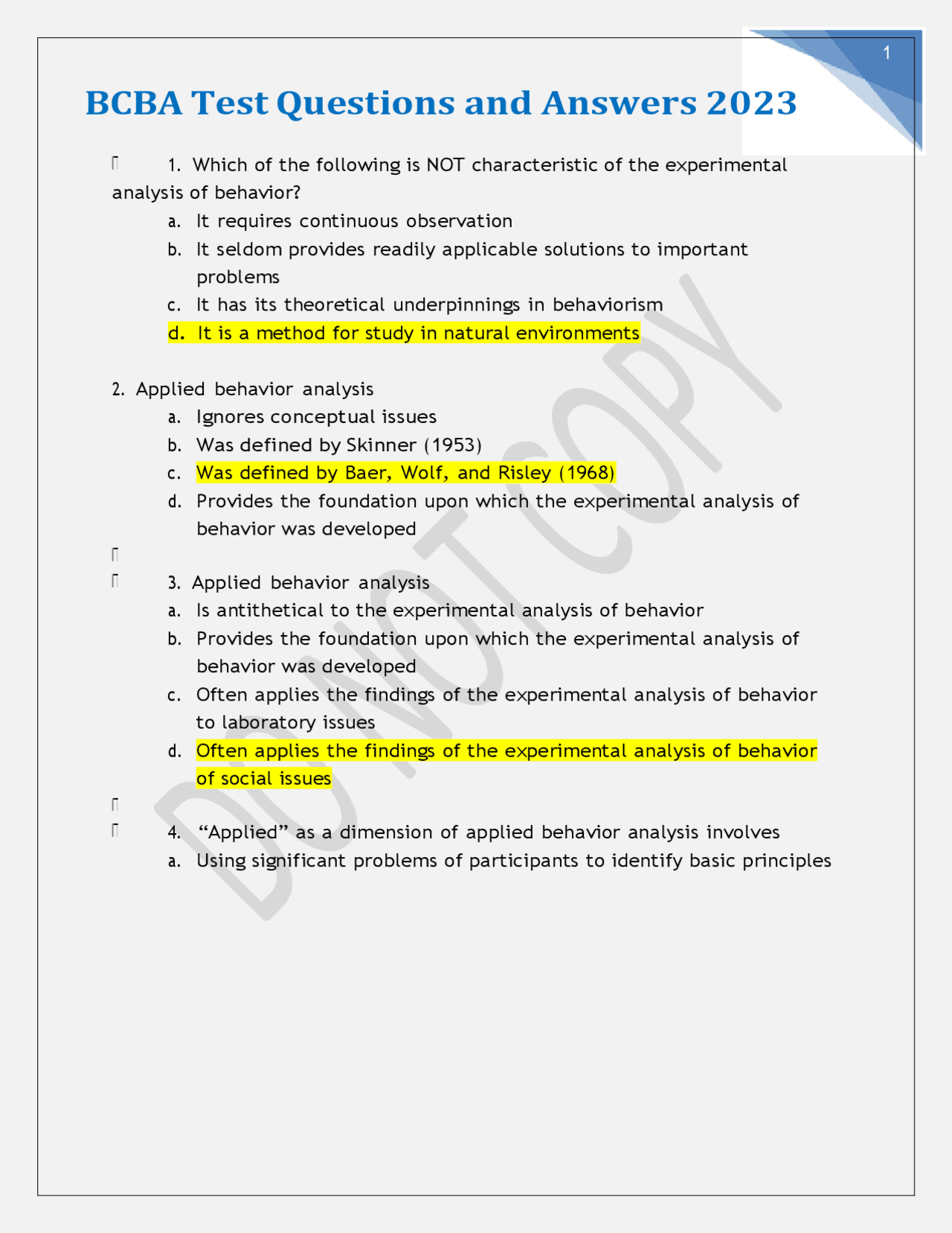 BCBA Test Questions and Answers 2023 | Exams Nursing | Docsity