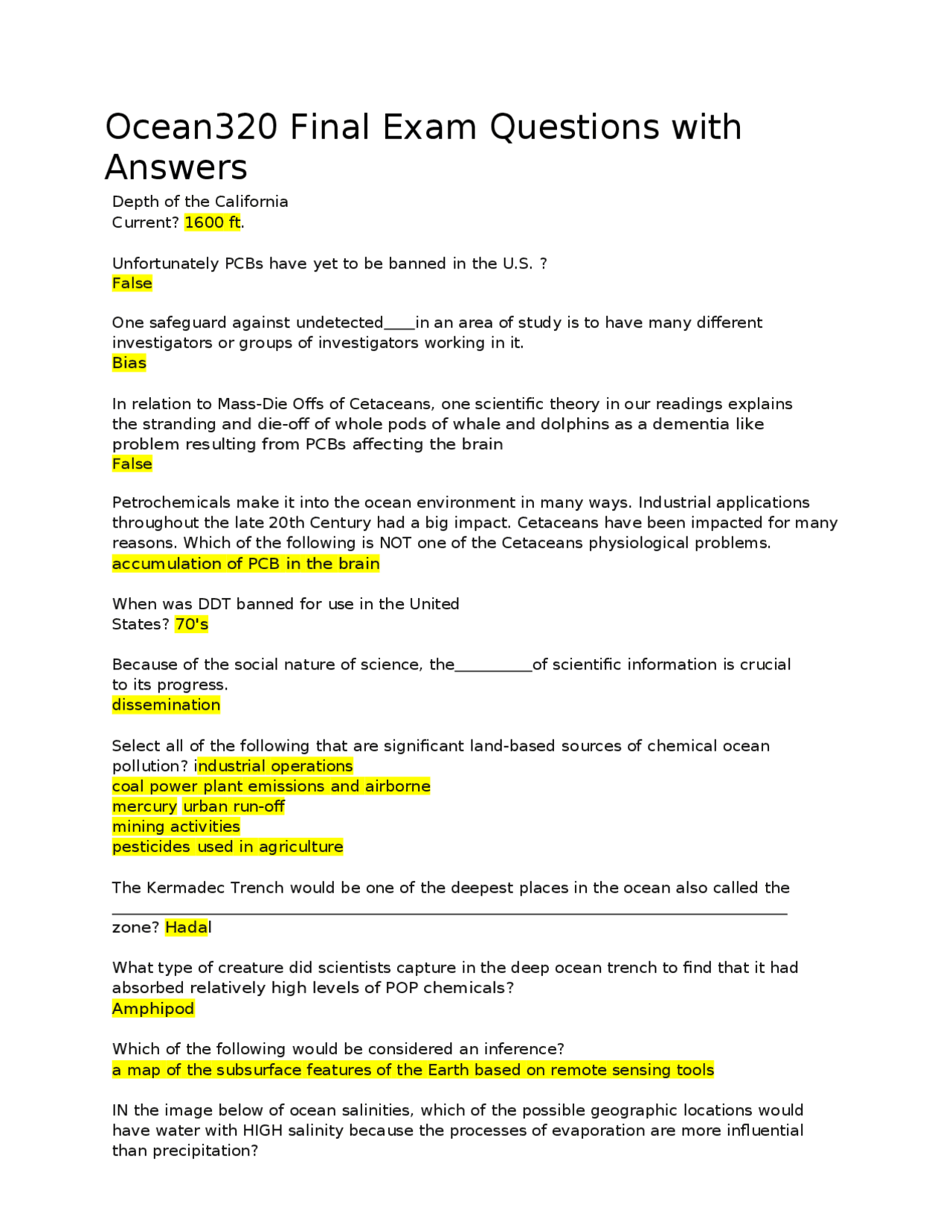 Ocean Test Answer Example Ocean320 Final Exam Questions with Answers | Exams Environmental ...