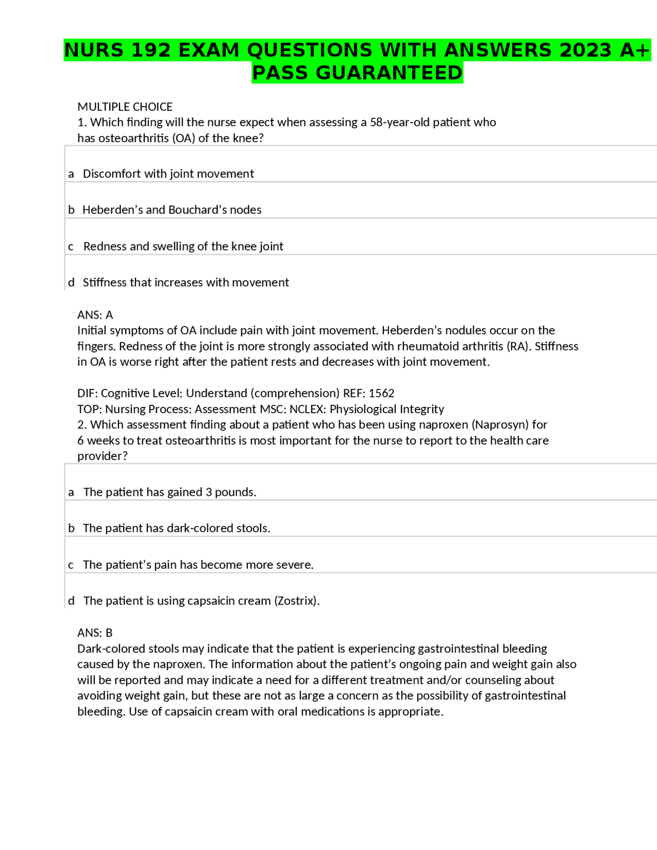 NURS 192 EXAM QUESTIONS WITH ANSWERS 2023 A+ PASS GUARANTEED | Exams ...