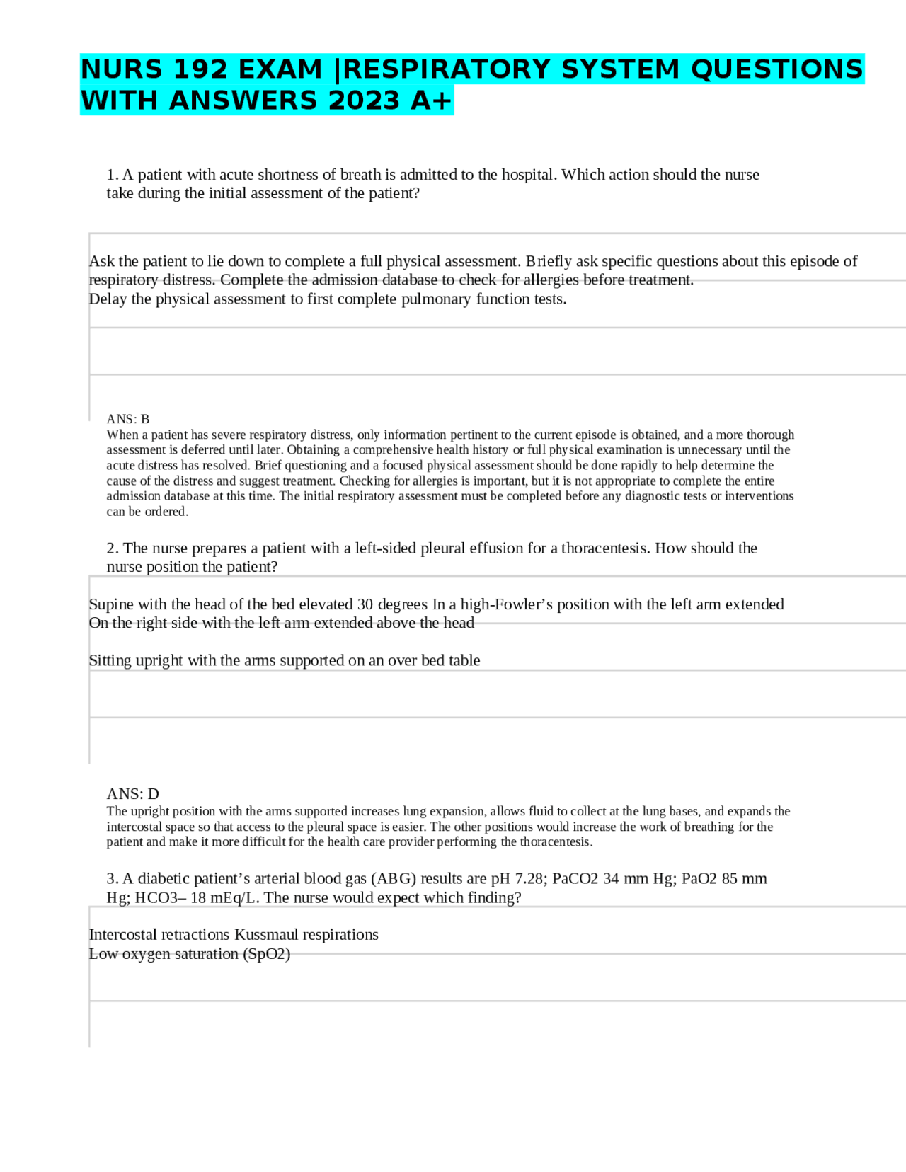 NURS 192 EXAM RESPIRATORY SYSTEM QUESTIONS WITH ANSWERS 2023 A+