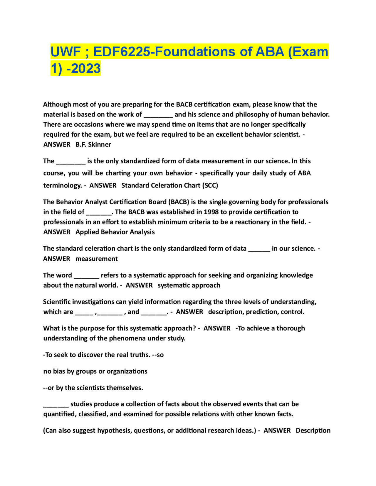 UWF EDF6225Foundations of ABA (Exam 1) Q&A Exams Nursing Docsity