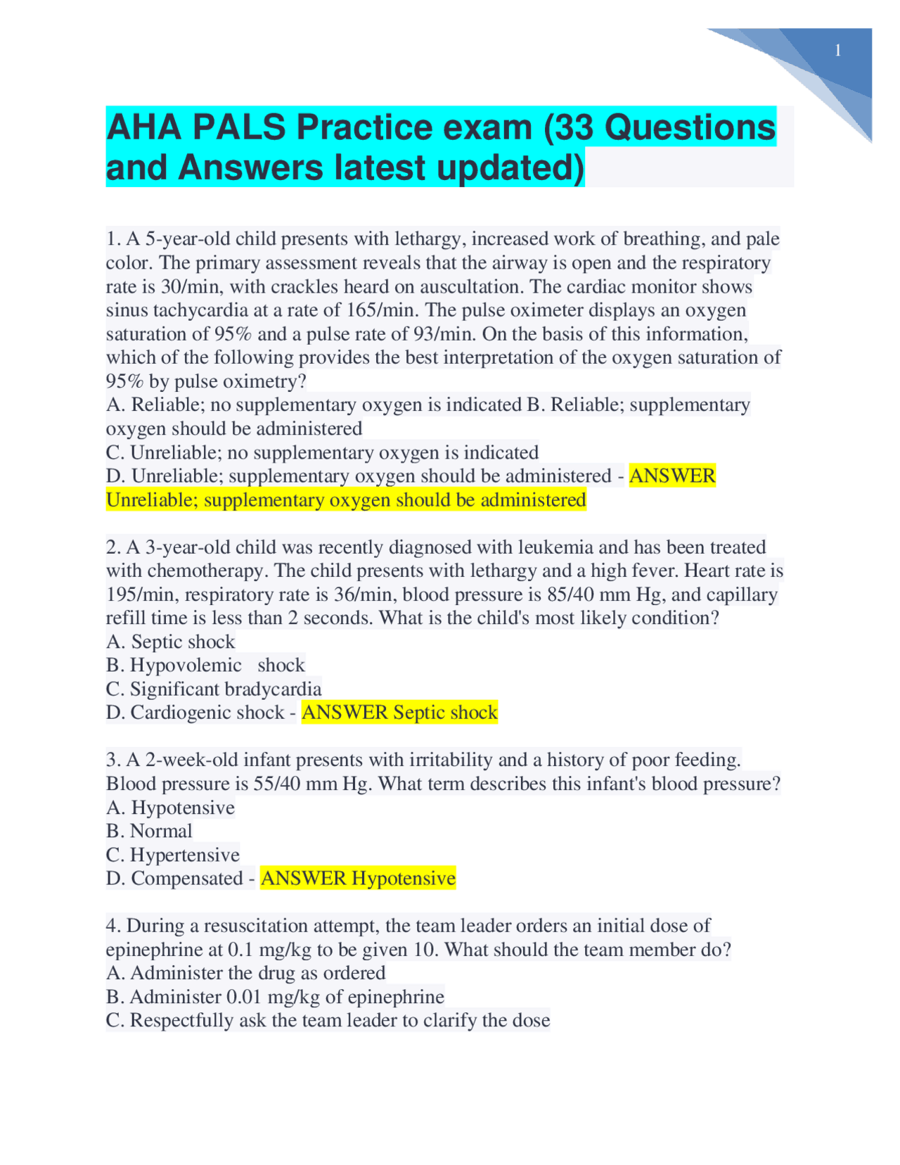 AHA PALS Practice exam (33 Questions and Answers latest updated ...