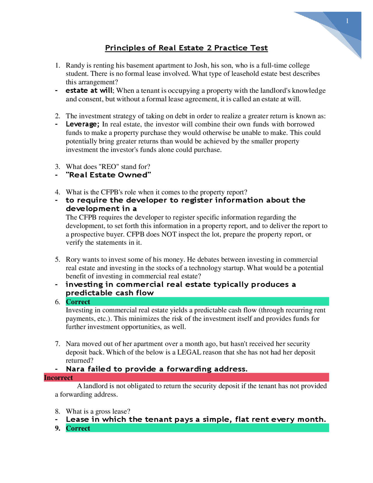 Principles of Real Estate 2 Practice Test questions with correct