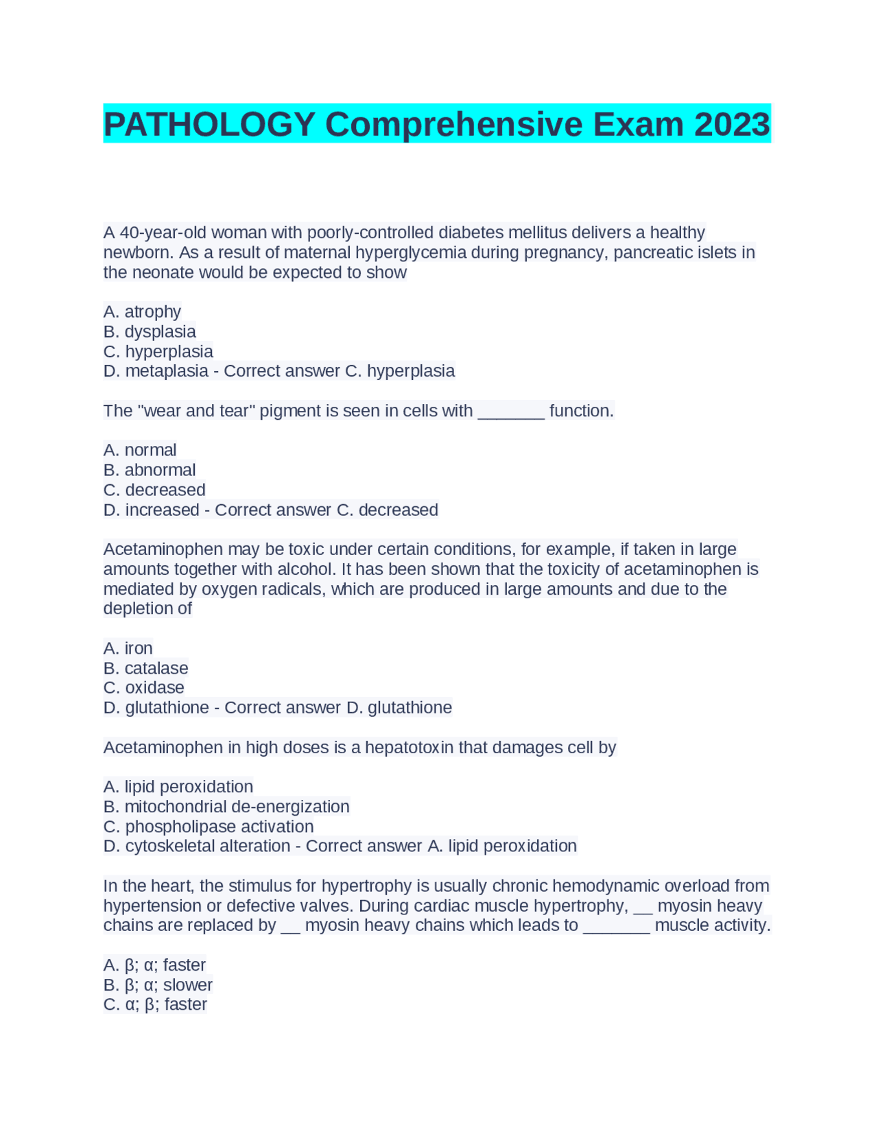 Path Exam One Question PATHOLOGY Comprehensive Exam 2023 | Exams Nursing | Docsity