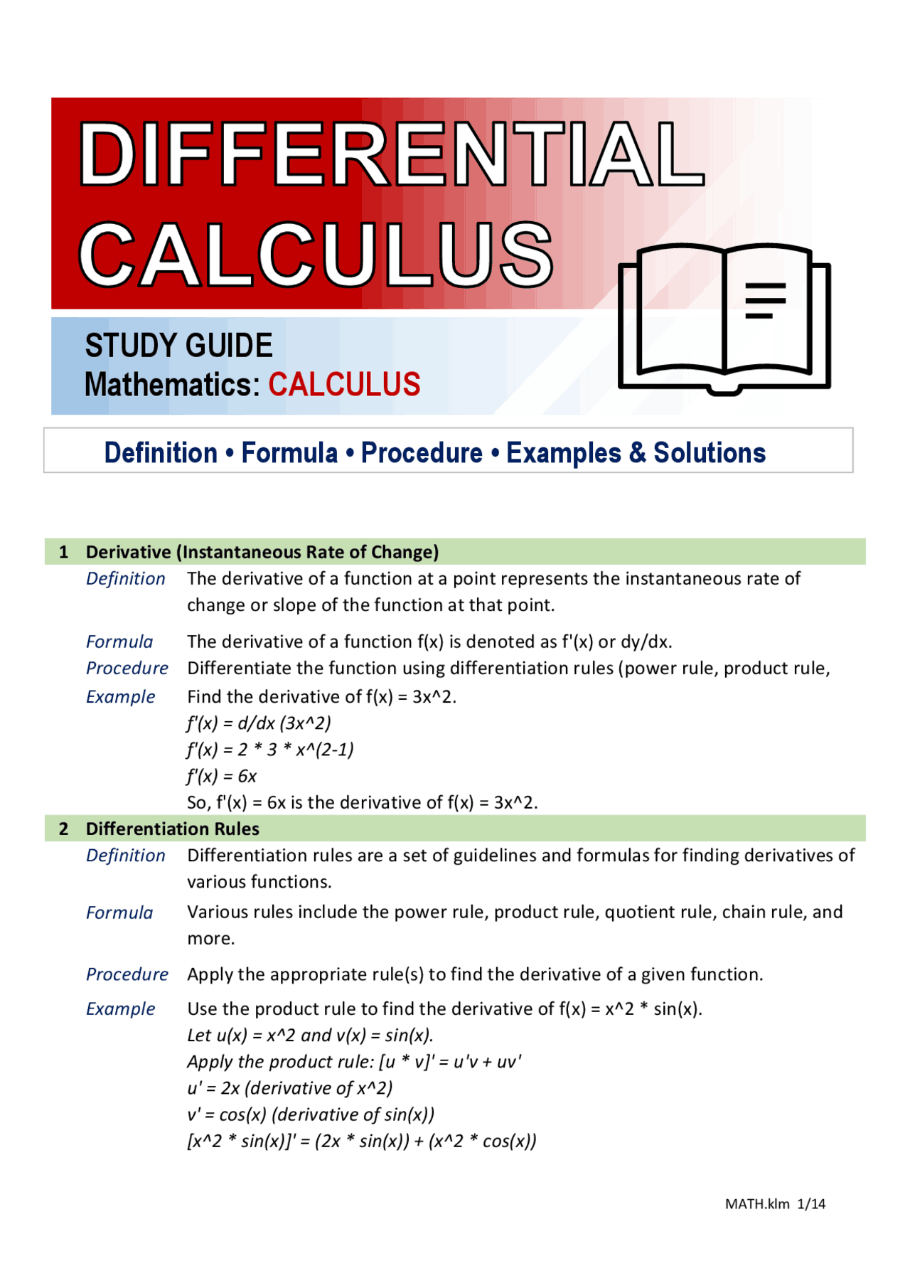Study Guide - Differential Calculus | Study Guides, Projects, Research ...