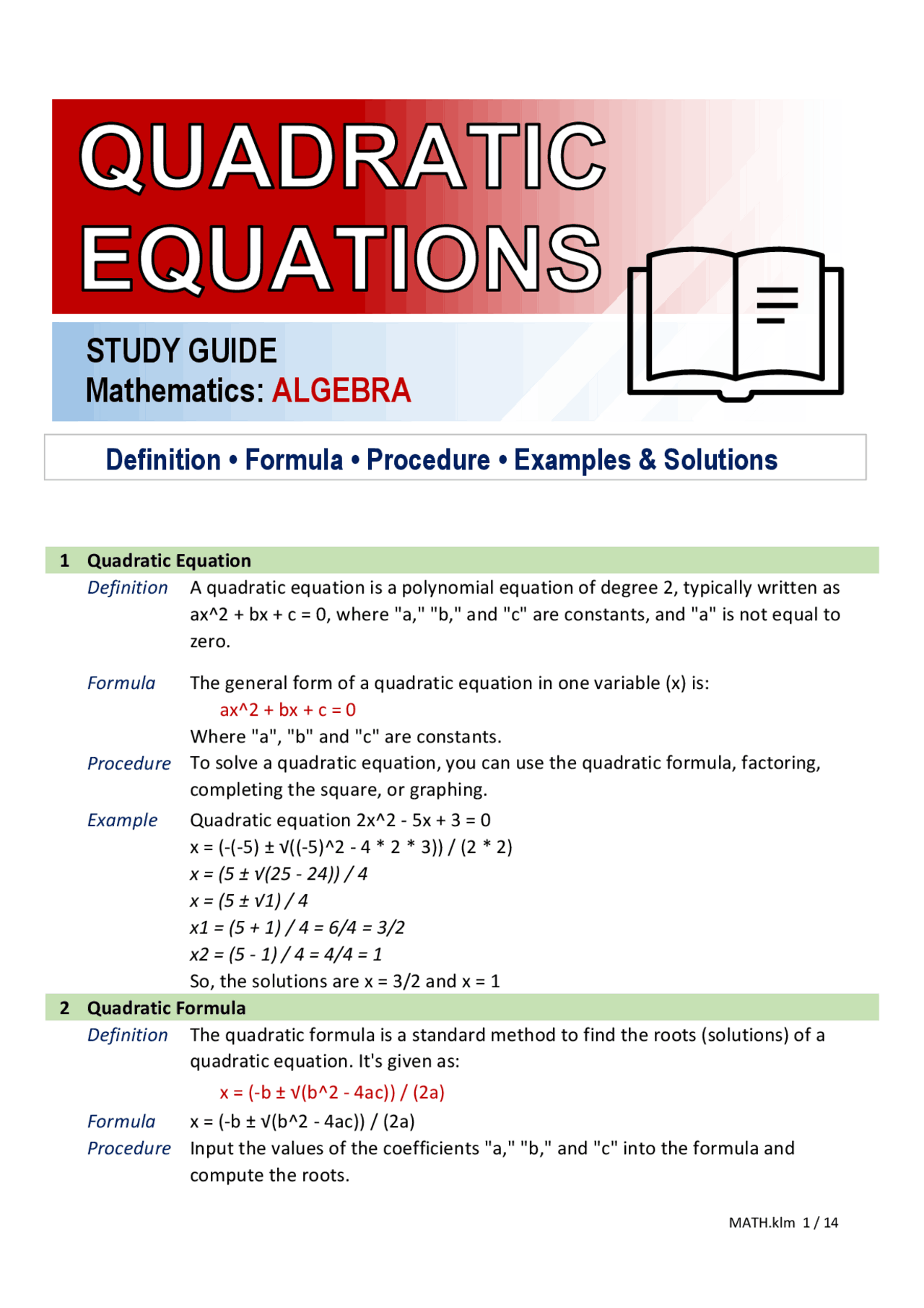 Study Guide - Quadratic Equations | Study Guides, Projects, Research ...