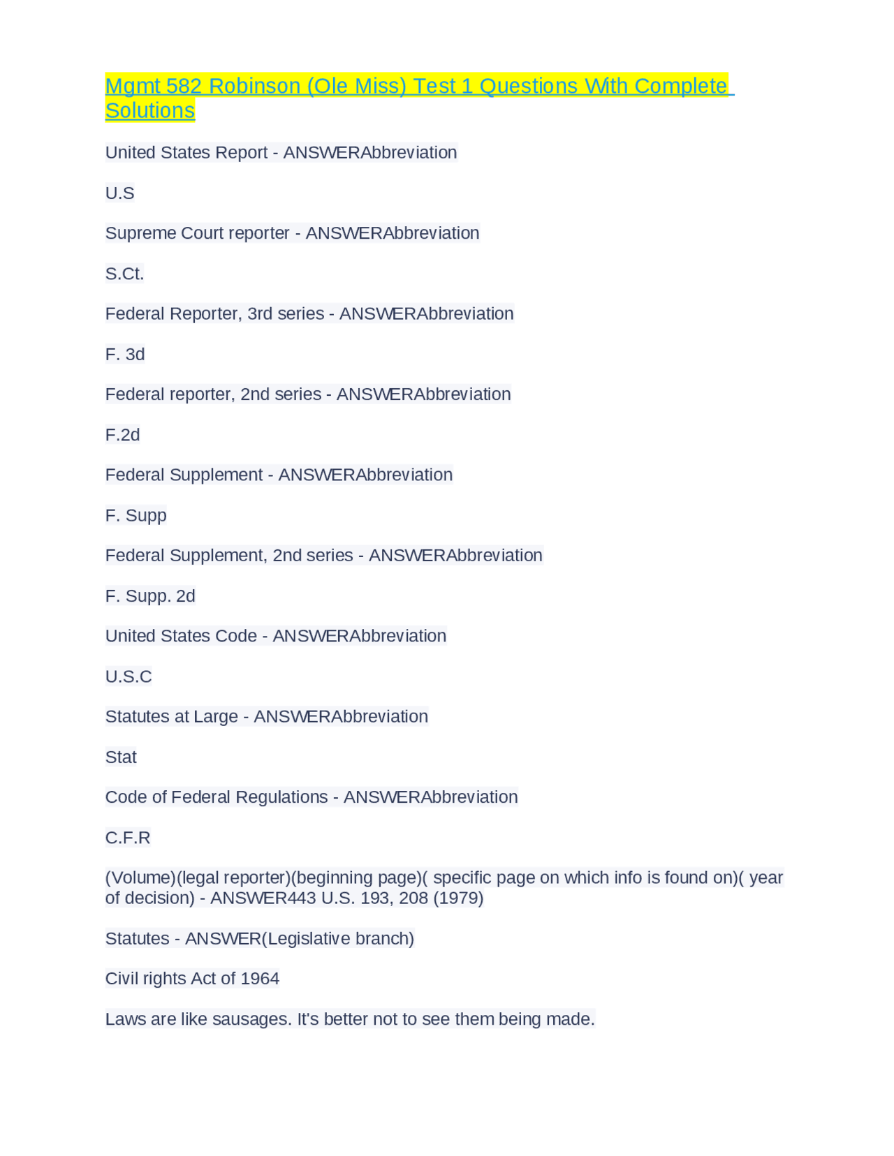 Mgmt 582 Robinson (Ole Miss) Test 1 Questions With Complete Solutions