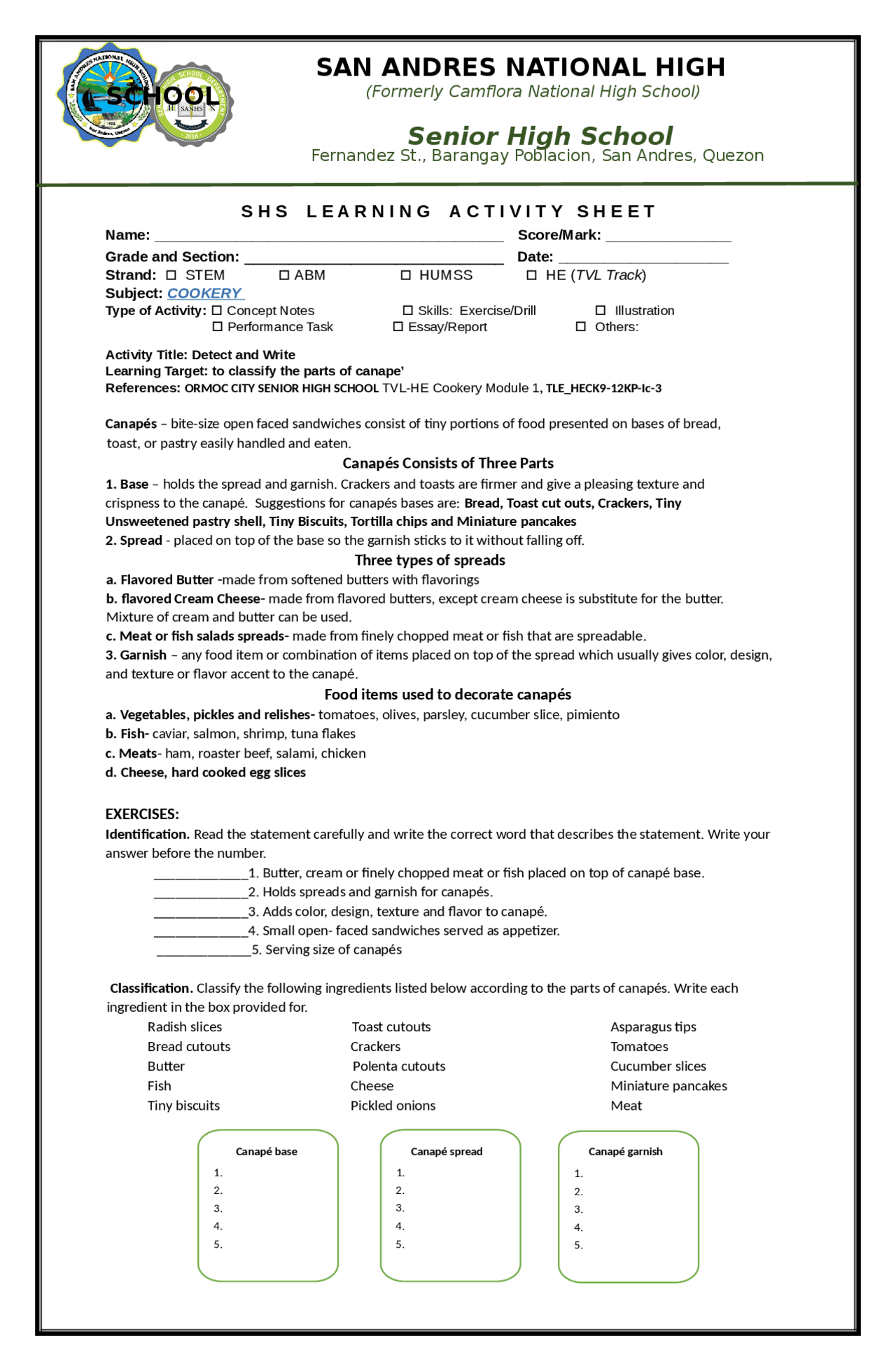 Dynamic Learning Activity Sheet | Exercises Economics | Docsity