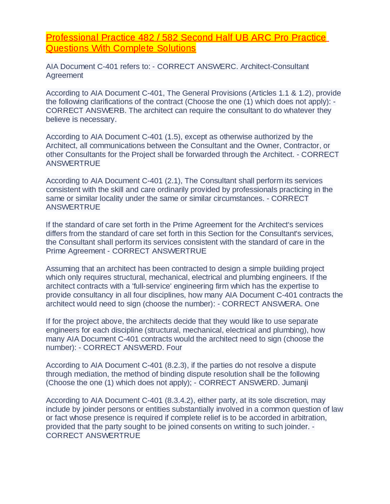 582 Sample Questions Professional Practice 482 / 582 Second Half UB ARC Pro Practice ...