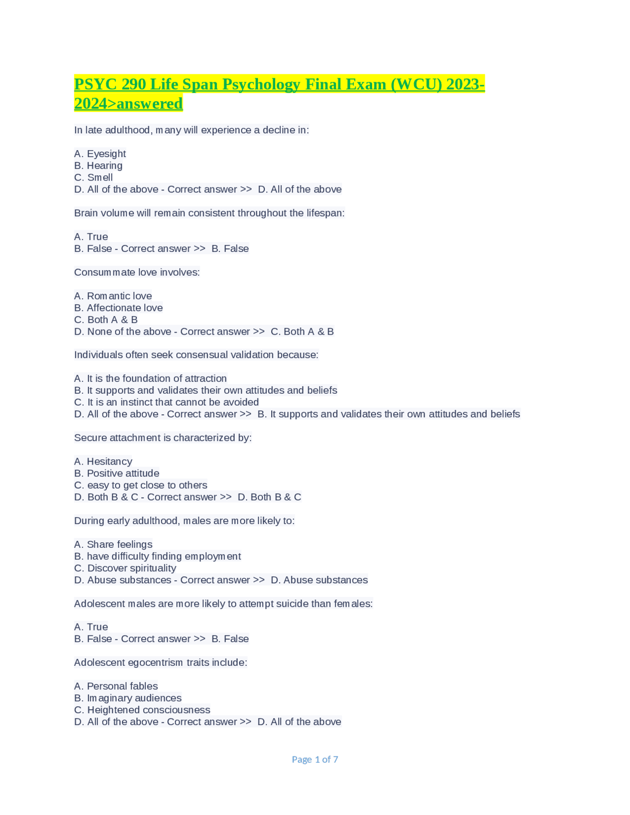 PSYC 290 Life Span Psychology Final Exam (WCU) 2023-2024>answered ...