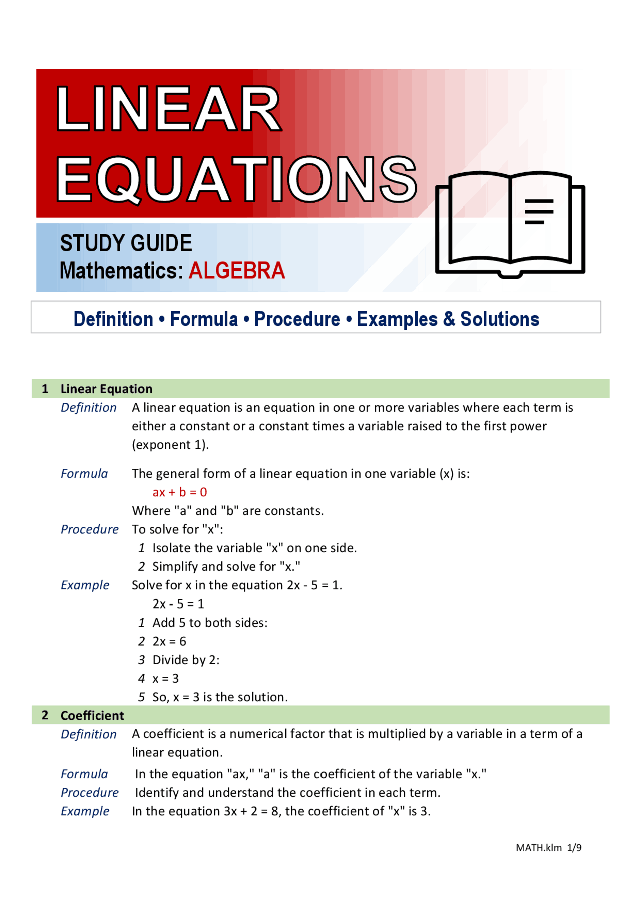 Study Guide - Linear Equations | Study Guides, Projects, Research ...