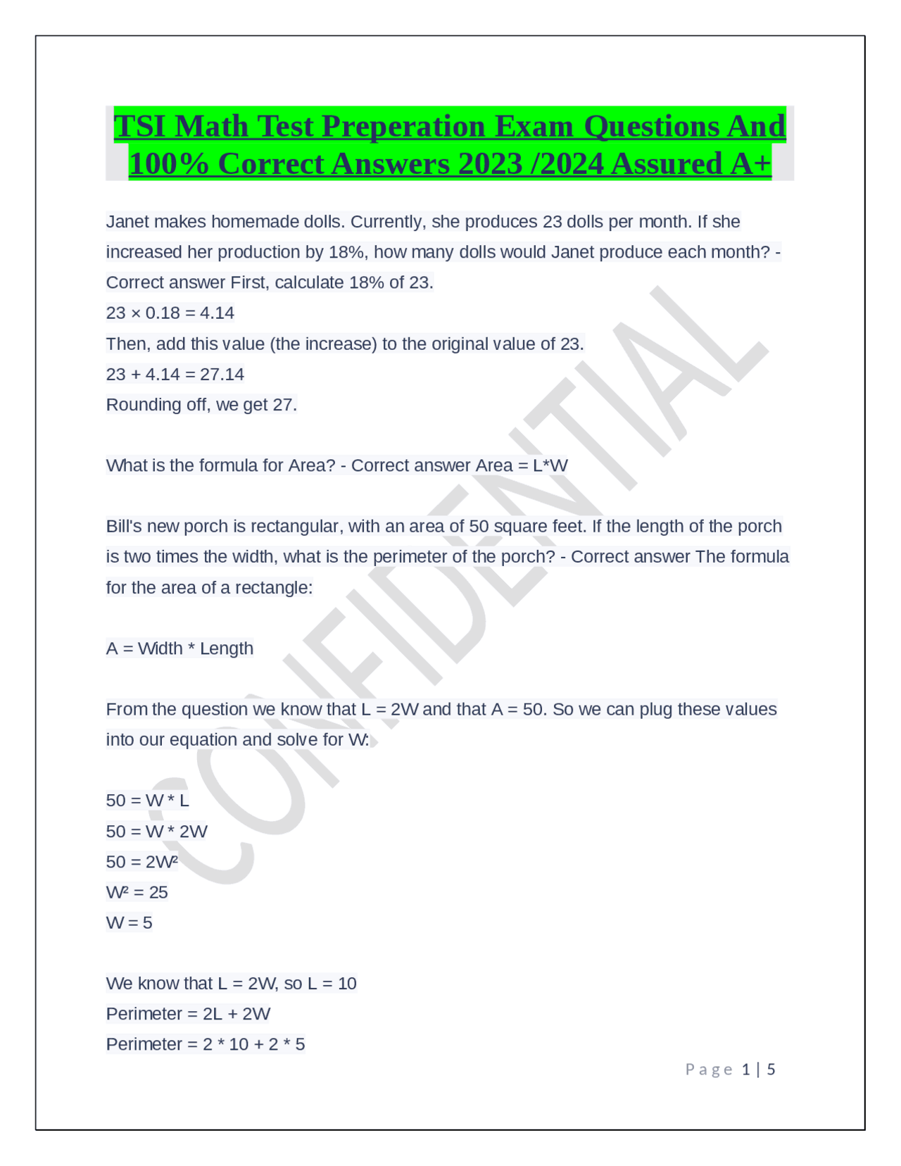 TSI Math Test Preperation Exam Questions And 100% Correct Answers 2023 ...