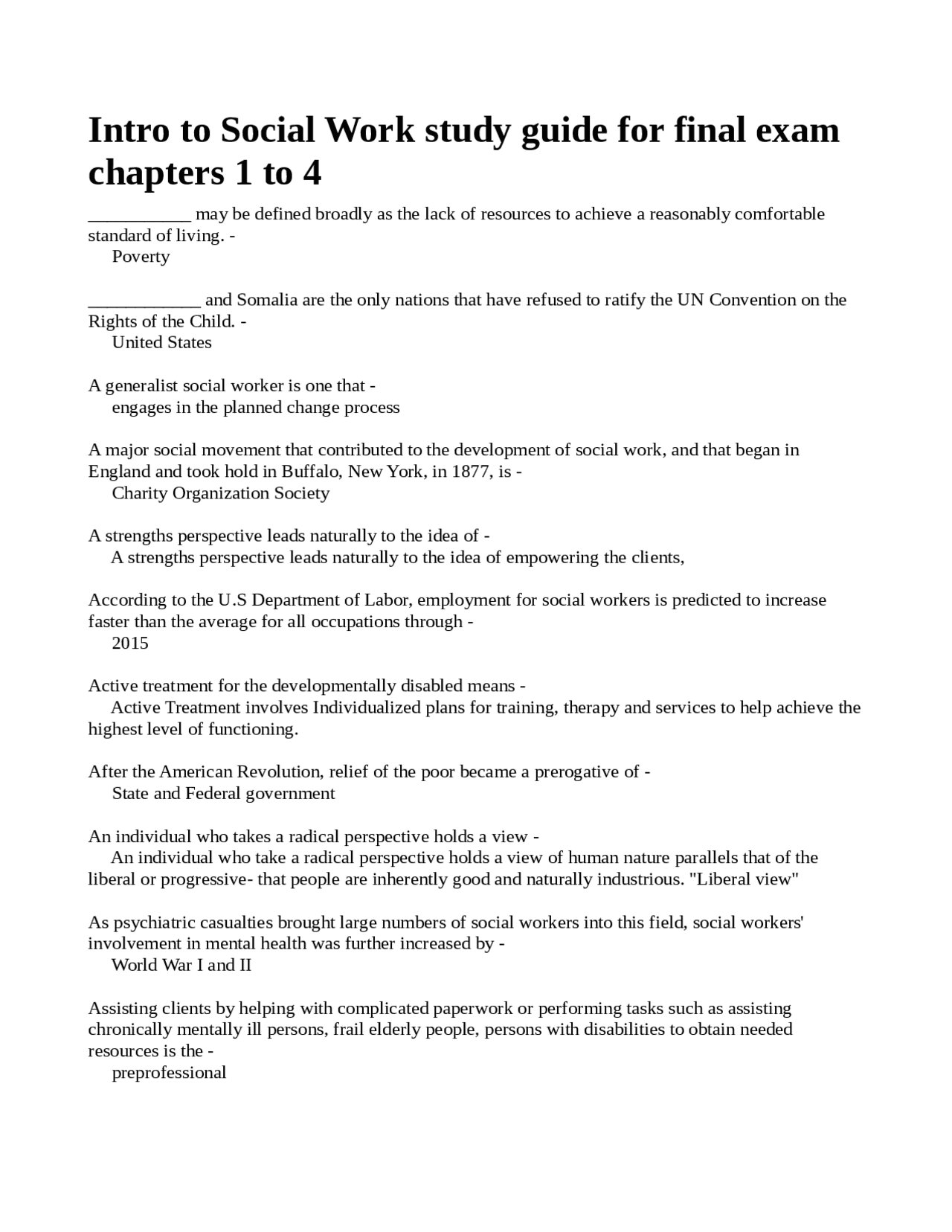 Intro to Social Work study guide for final exam chapters 1 to 4 Exams