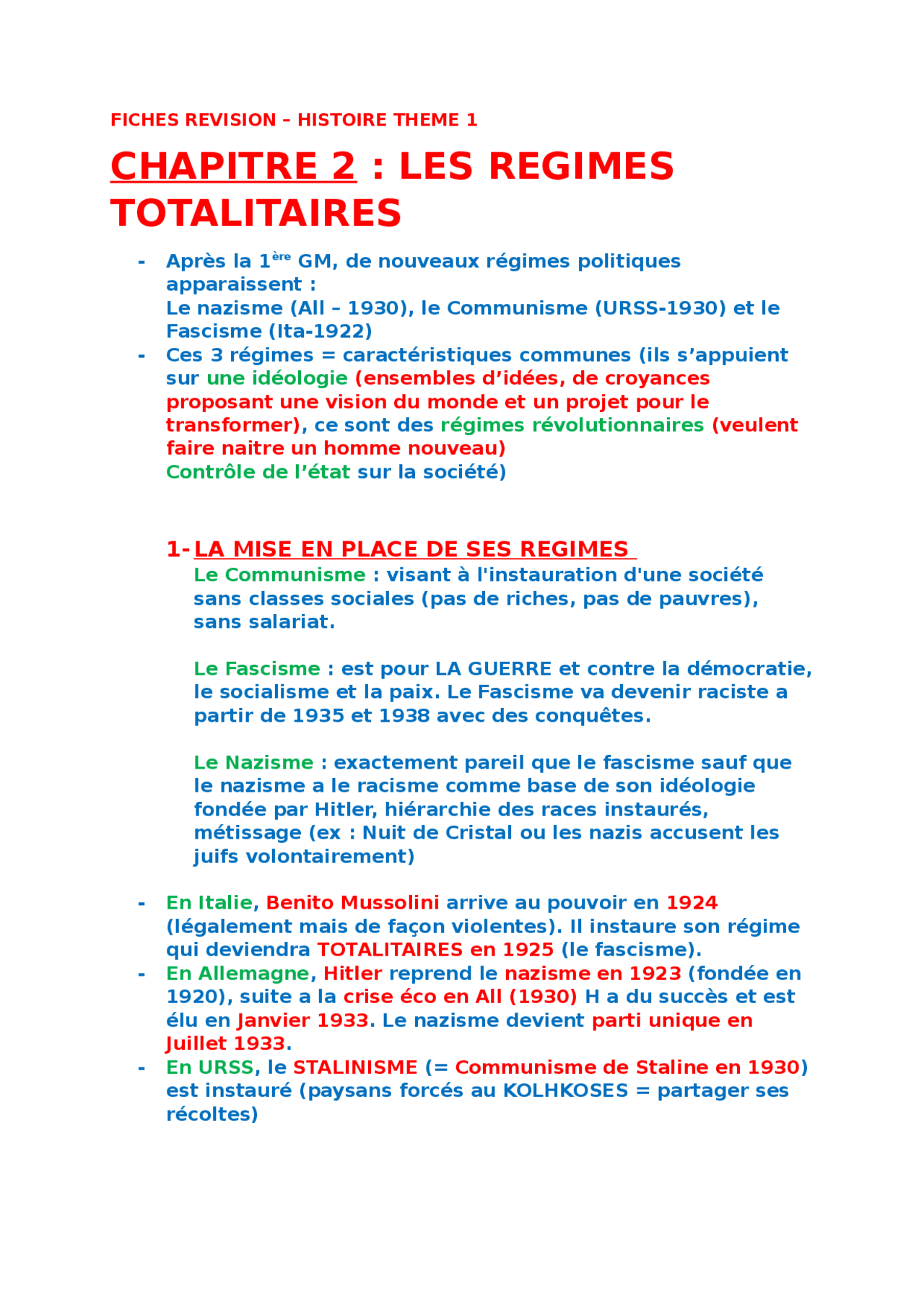 FICHES REVISIONS LES REGIMES TOTALITAIRES | Notes Histoire | Docsity