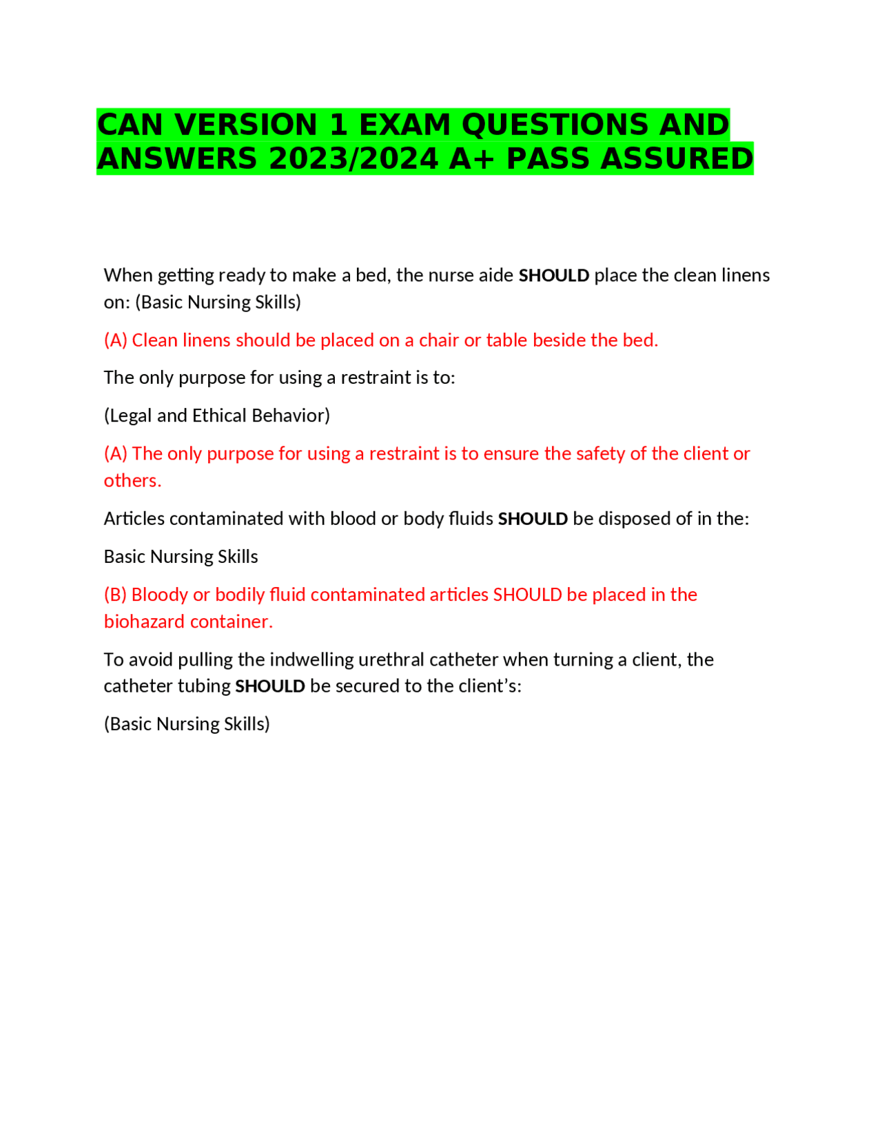 Can Version 1 Exam Questions And Answers 2023 2024 A Pass Assured Exams Nursing Docsity Can Version 1 Exam Questions And Answers 2023 2024 A Pass Assured Exams Nursing Docsity