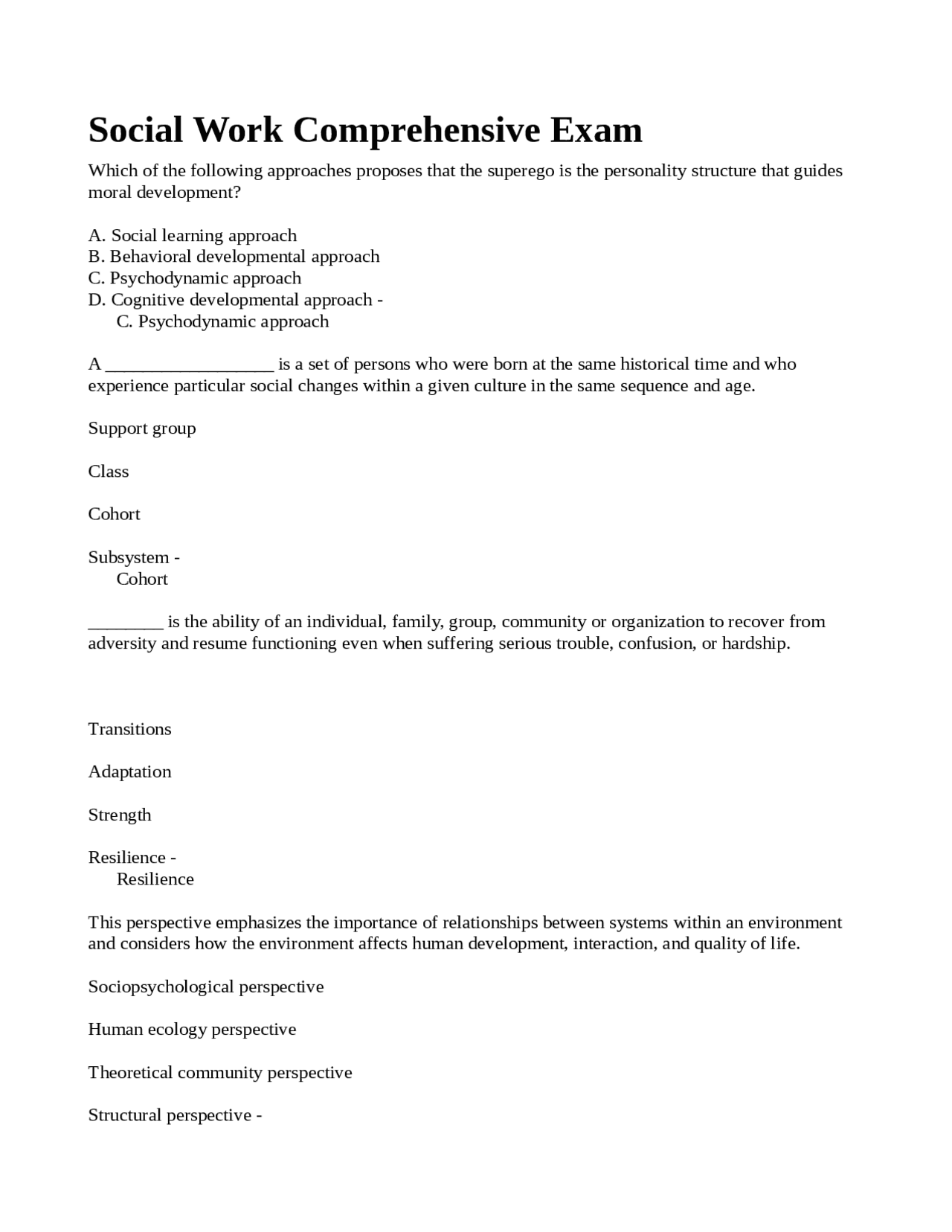 Social Work Comprehensive Exam | Exams Social Work | Docsity