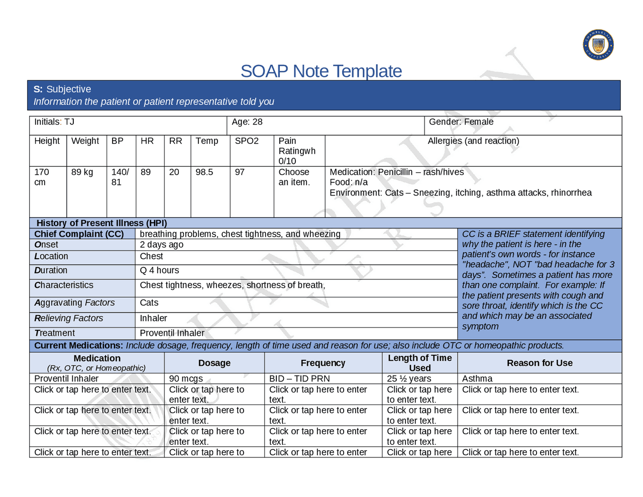 SOAP Note Template for Asthma Patient Exams Nursing Docsity