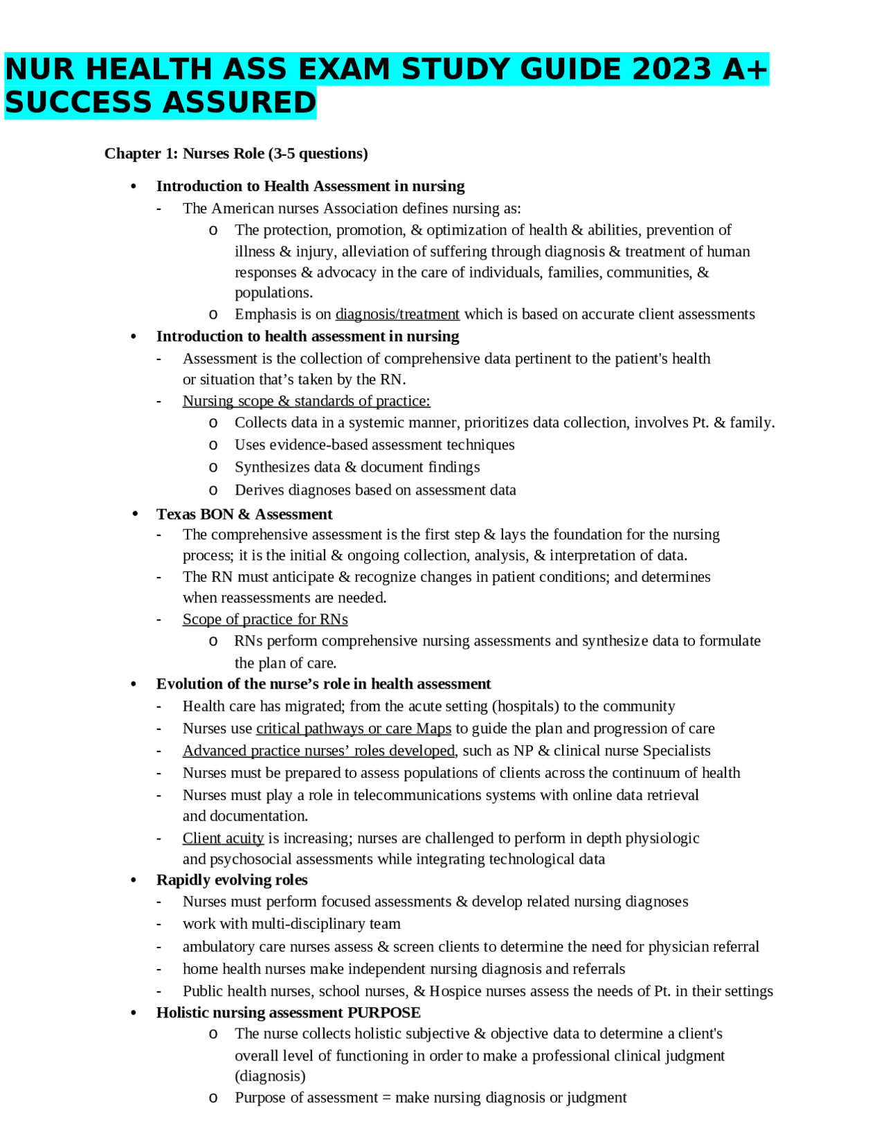 NUR HEALTH ASS EXAM STUDY GUIDE 2023 A+ SUCCESS ASSURED | Exams Nursing ...