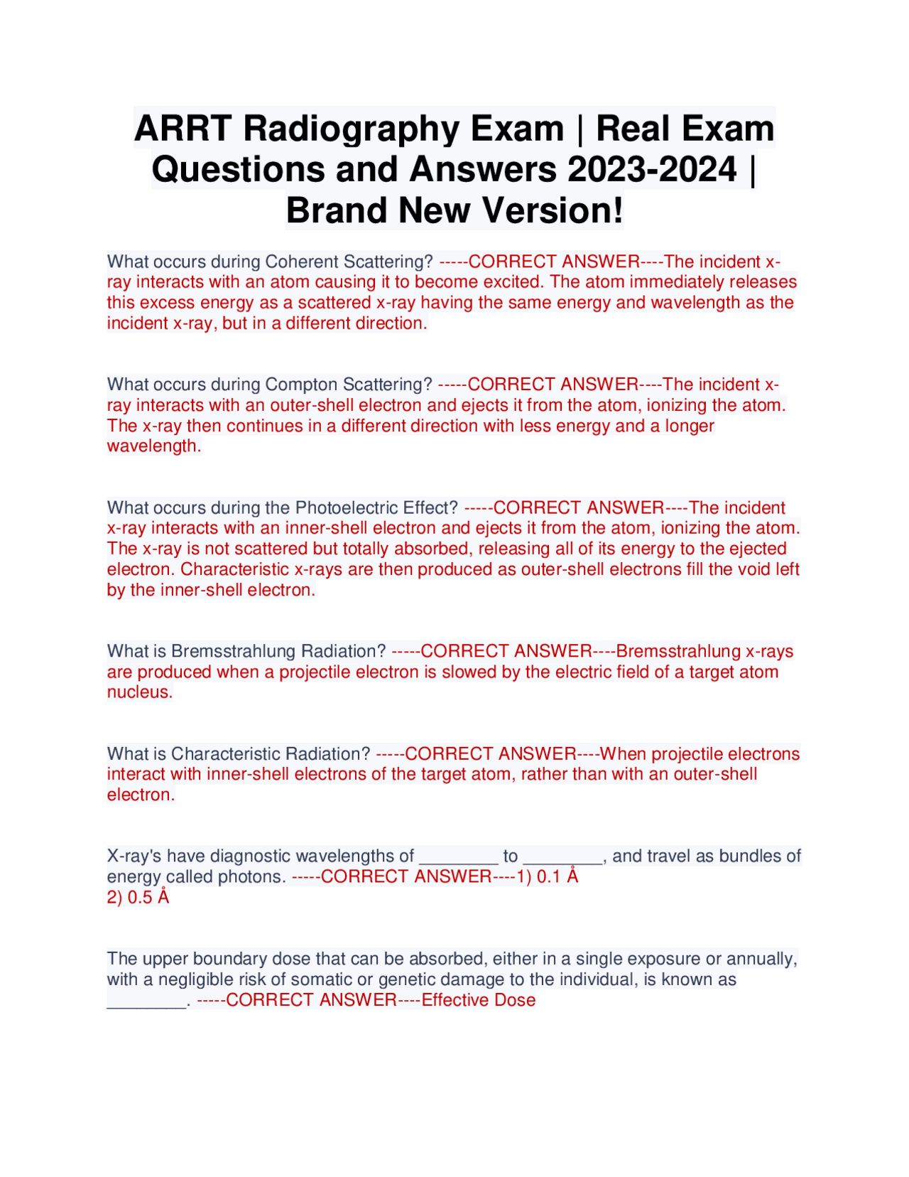 Arrt Radiography ARRT Radiography Exam | Real Exam Questions and Answers 2023-2024 ...