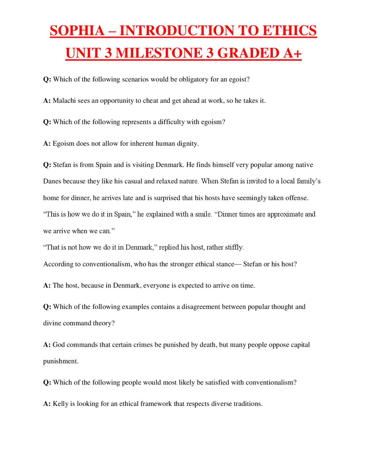 SOPHIA – INTRODUCTION TO ETHICS UNIT 3 MILESTONE 3 GRADED A+ Q: Which ...