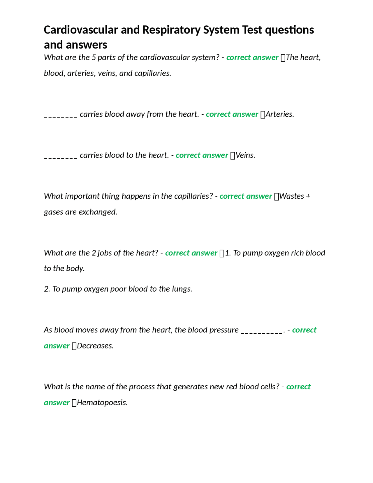 Cardiovascular and Respiratory System Test questions and answers
