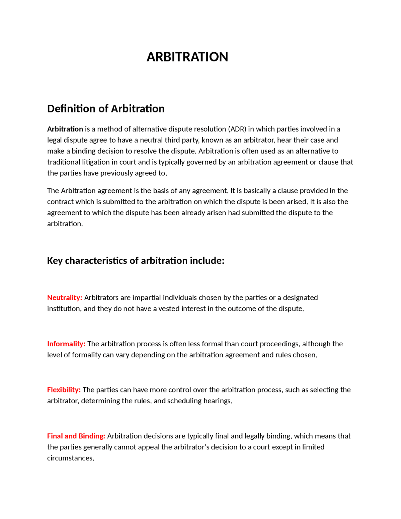 Arbitration Short Notes Arbitration, Law, Topic related quizzes | Study notes Law | Docsity