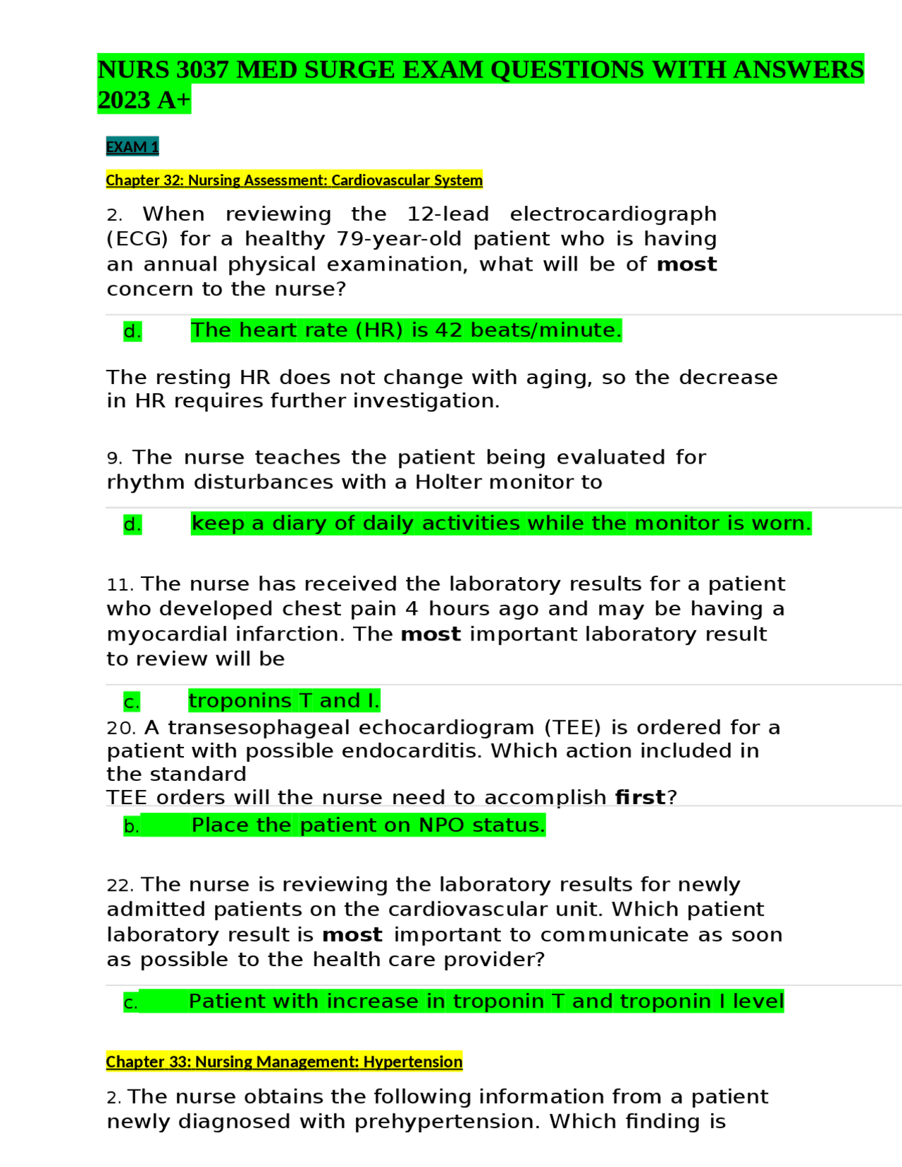 NURS 3037 MED SURGE EXAM QUESTIONS WITH ANSWERS 2023 A+ | Exams Nursing ...