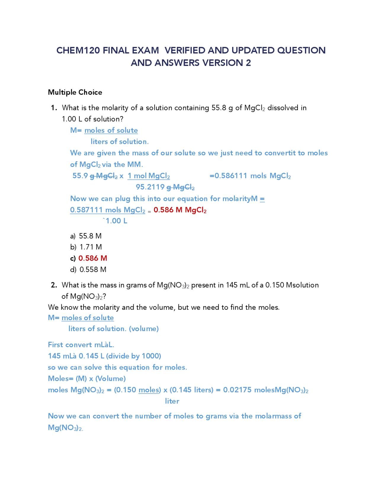 Chem120 Final Exam Verified And Updated Question And Answers Version 2