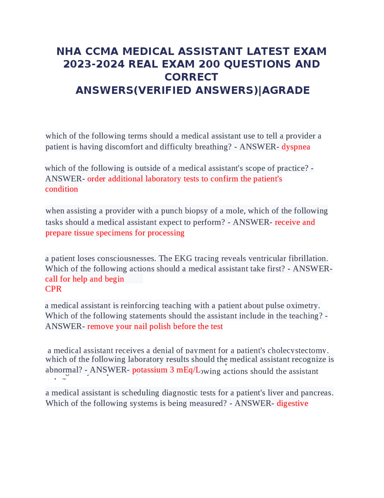 NHA CCMA MEDICAL ASSISTANT LATEST EXAM 2023-2024 REAL EXAM 200 ...