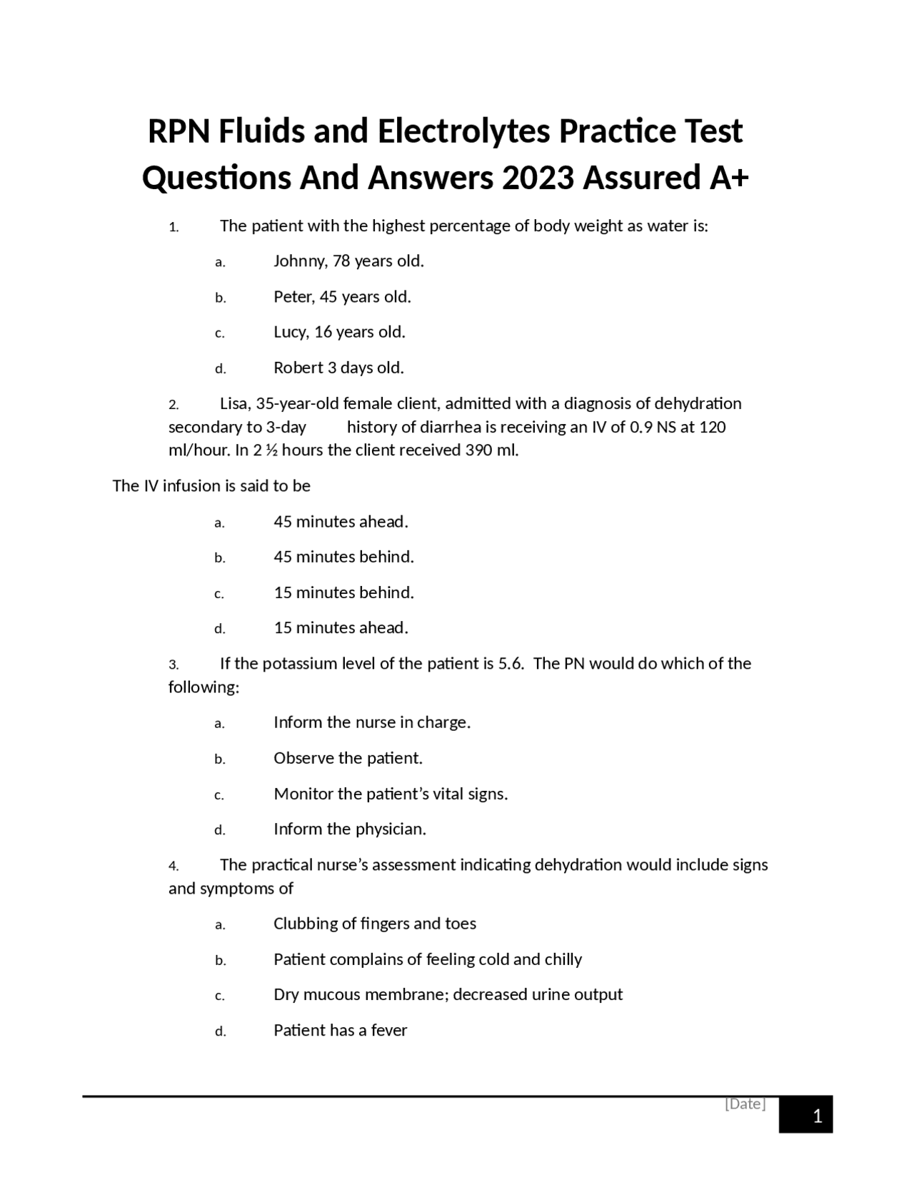 RPN Fluids and Electrolytes Practice Test Questions And Answers 2023