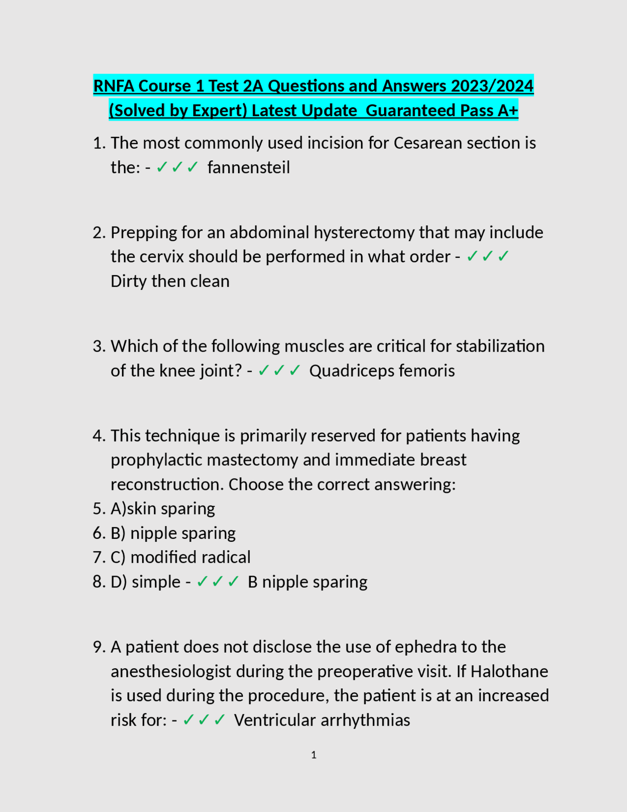 RNFA Course 1 Test 2A Questions and Answers 2023/2024 (Solved by Expert ...