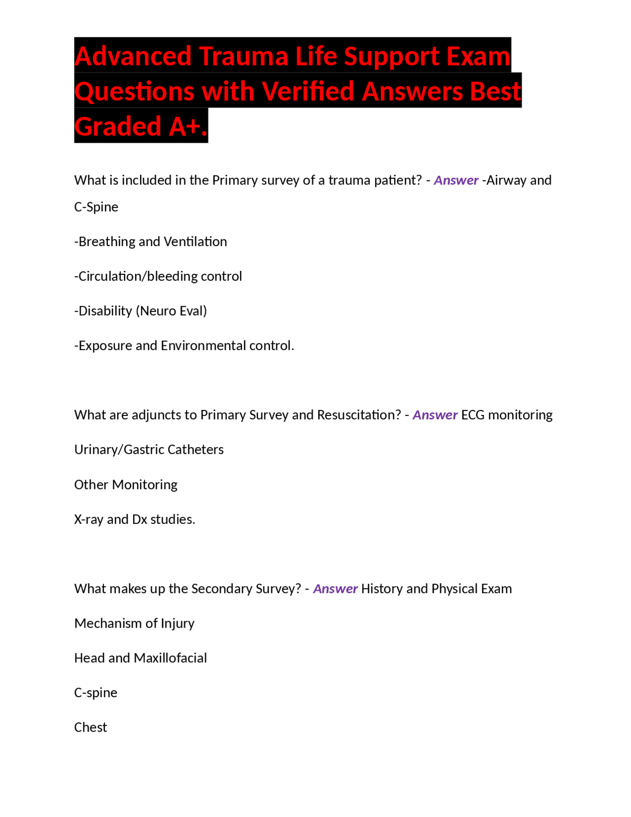 Advanced Life Support Questions Advanced Trauma Life Support Exam Questions with Verified Answers Best ...