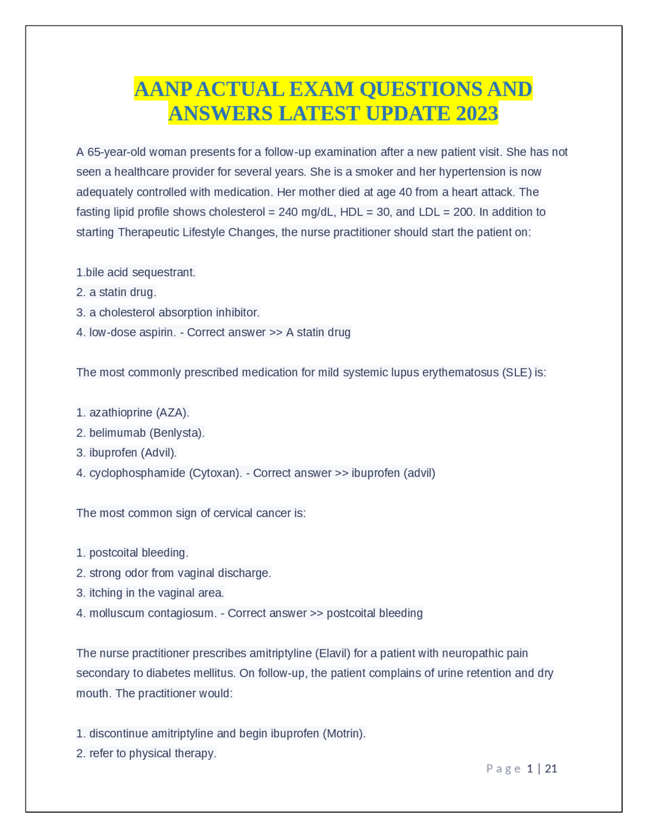 AANP ACTUAL EXAM QUESTIONS AND ANSWERS LATEST UPDATE 2023 | Exams ...