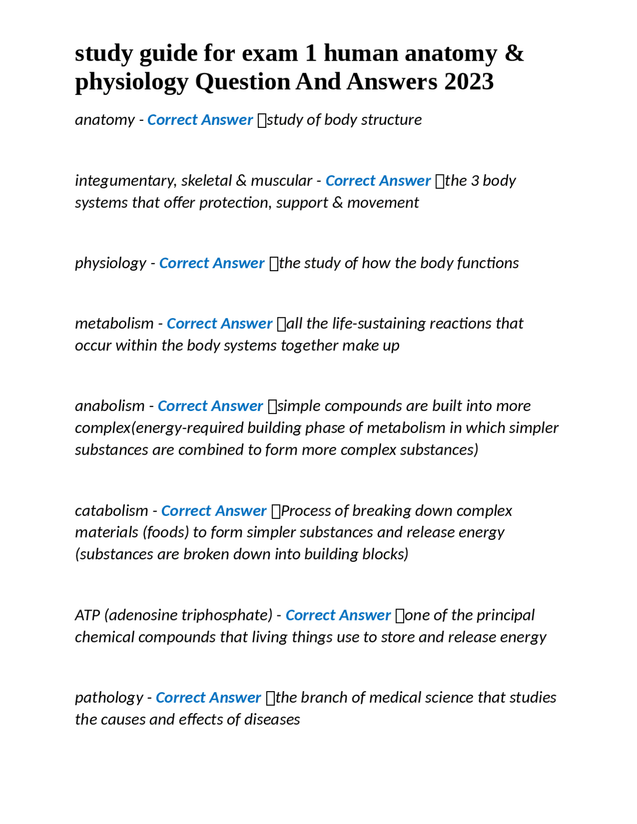 Study guide for exam 1 human anatomy & physiology Question And Answers ...