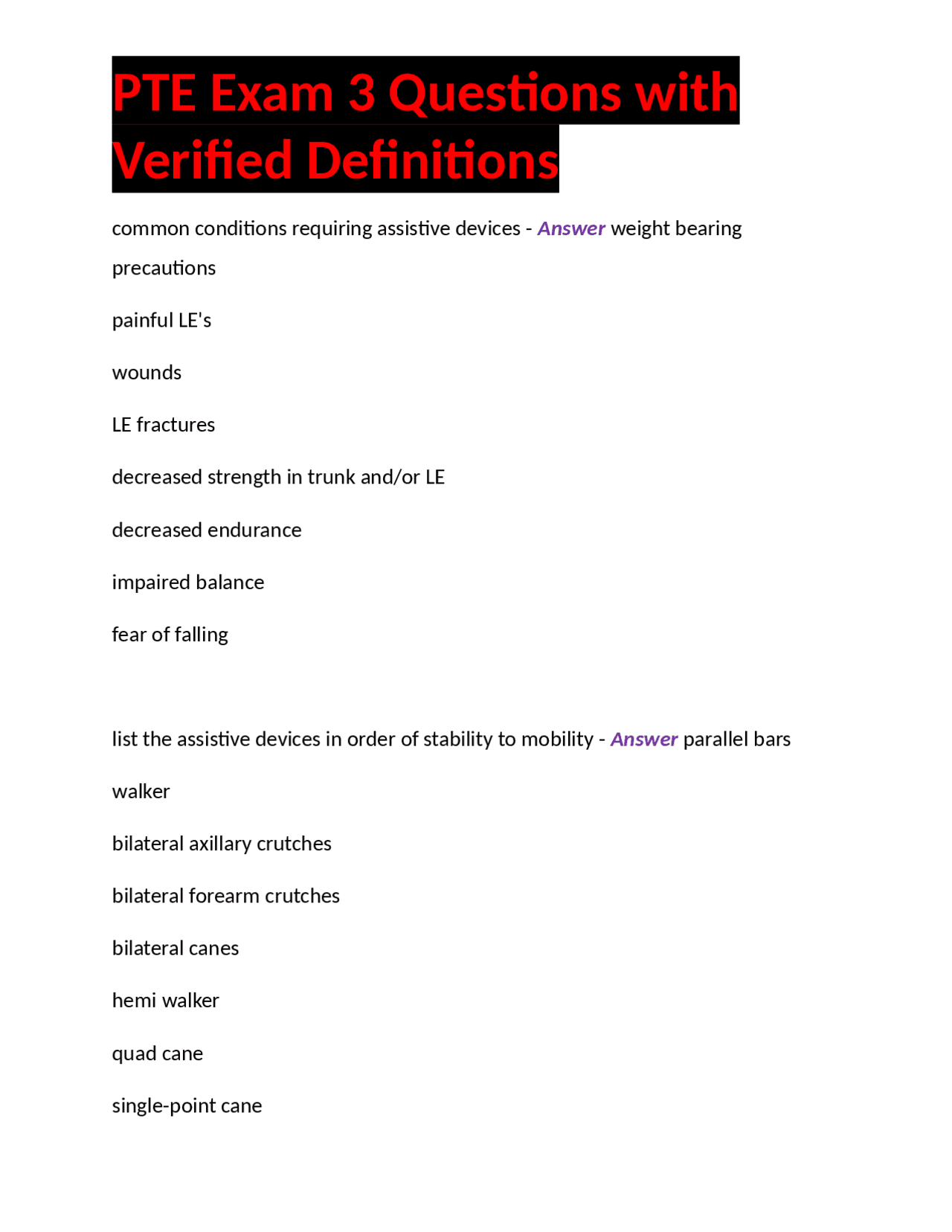 PTE Exam 3 Questions with Verified Definitions on Assistive Devices and