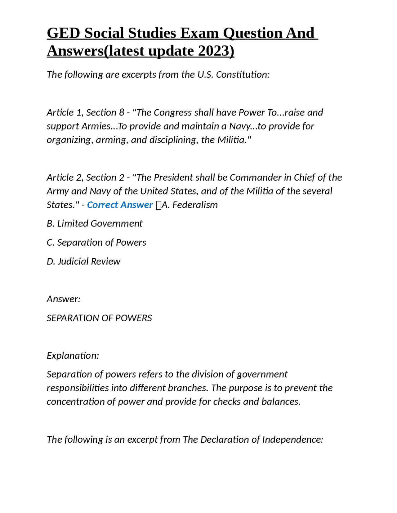 GED Social Studies Exam Question And Answers(latest update 2023