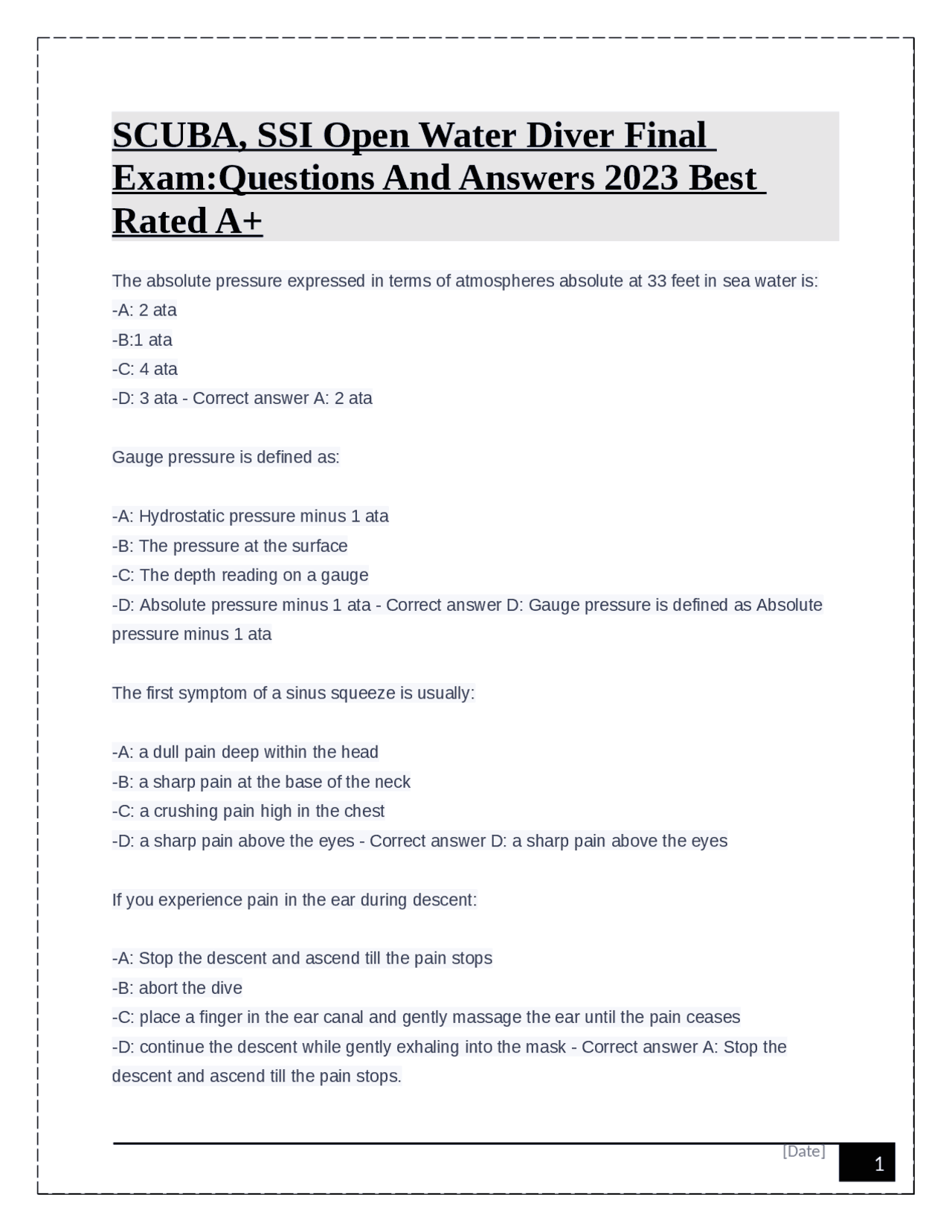 SCUBA, SSI Open Water Diver Final ExamQuestions And Answers 2023 Best