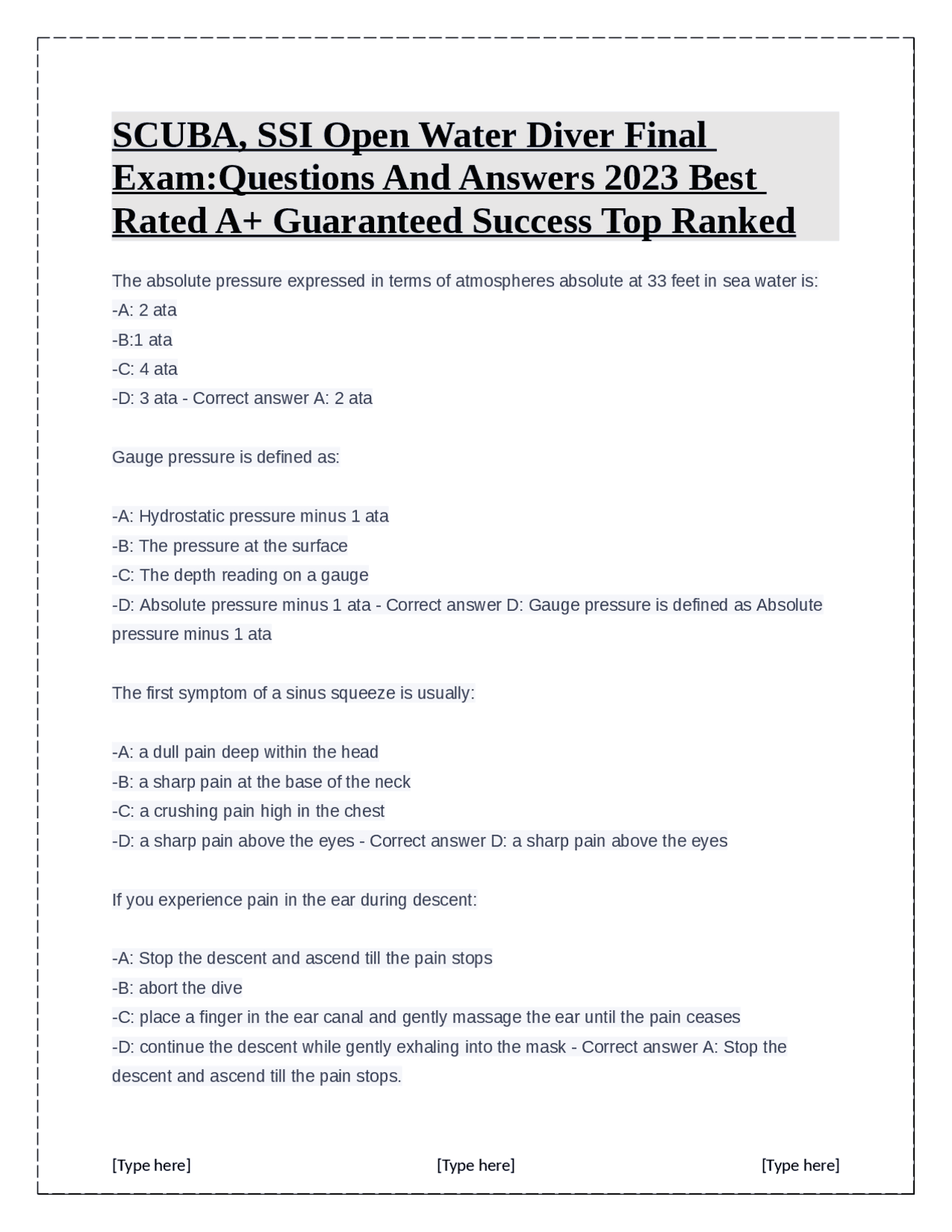 SCUBA, SSI Open Water Diver Final ExamQuestions And Answers 2023 Best Rated A+ Guaranteed