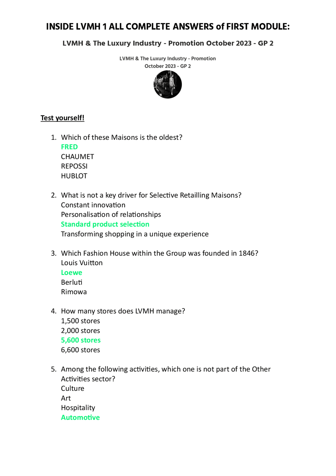 ANSWERS FIRST MODULE INSIDE LVMH CERTIFICATE OCTOBER 2023 | Prove d ...