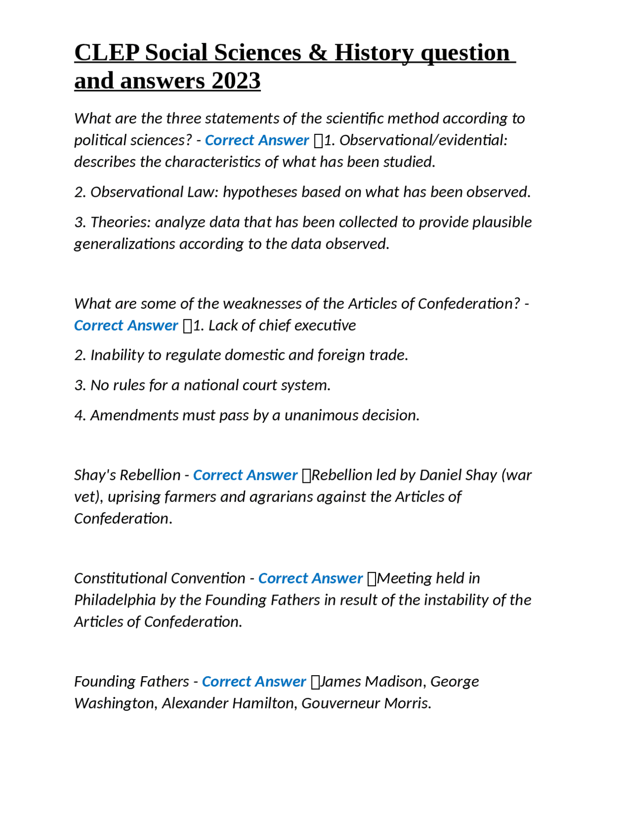 CLEP Social Sciences &amp; History question and answers 2023 | Exams Nursing | Docsity