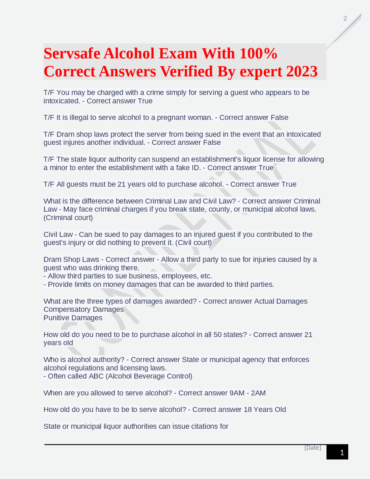 Servsafe Alcohol Exam With 100 Correct Answers Verified By expert 2023