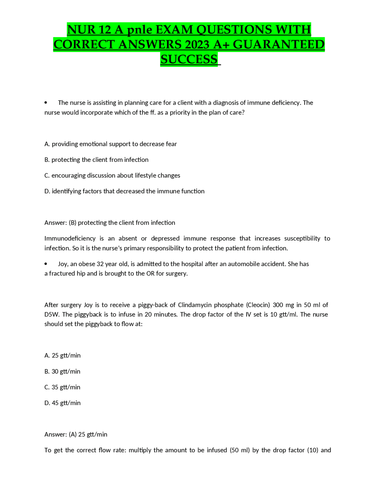 NUR 12 A pnle EXAM QUESTIONS WITH CORRECT ANSWERS 2023 A+ GUARANTEED ...