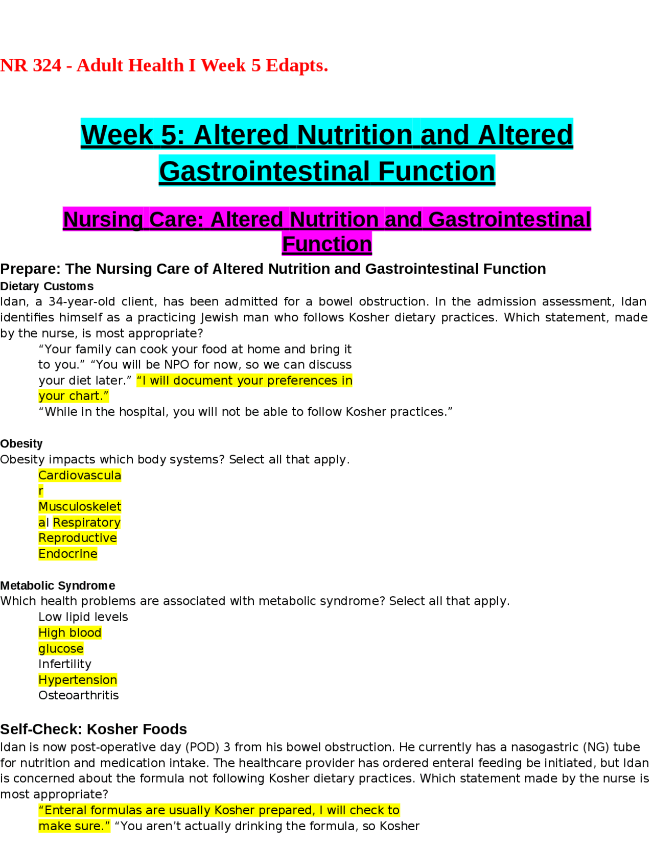 Nursing Care for Altered Nutrition and Gastrointestinal Function ...