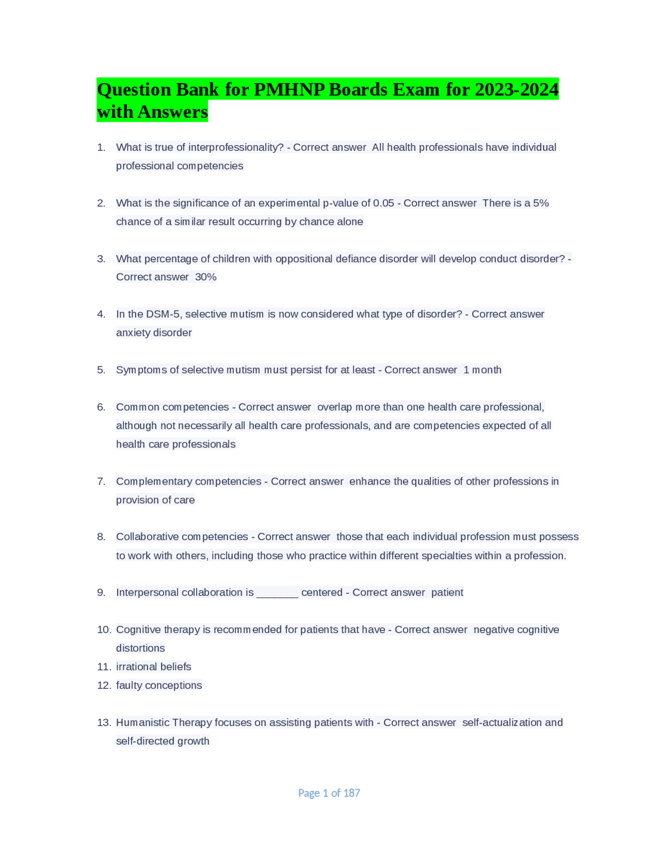 Question Bank for PMHNP Boards Exam for 20232024 with Answers Exams